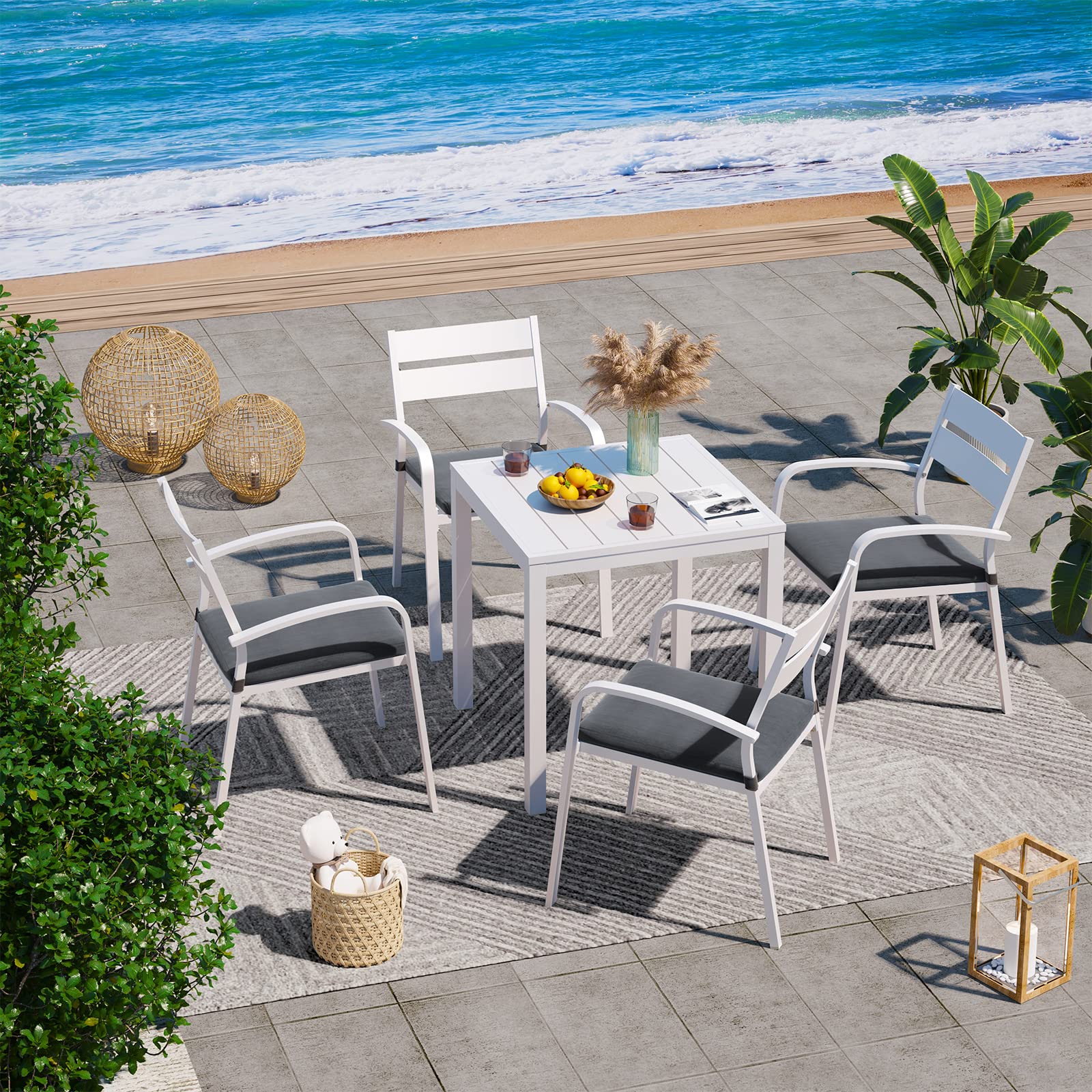 Outdoor Aluminum Stackable Bistro Dining Chairs Set of 4 with Cushions - White Patio Chairs with Gray Cushions for Garden, Balcony, Backyard & Poolside - Perfect for Outdoor Entertaining & Relaxation