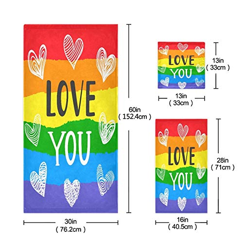 QUGRL Valentines Rainbow Luxury Towels Set of 3 - Ultra Soft Bath, Hand & Washcloths for Bathroom, Kitchen, Hotel, Beach, Gym & Spa - Perfect for Romantic Gifts, Home Decor & Self-Care