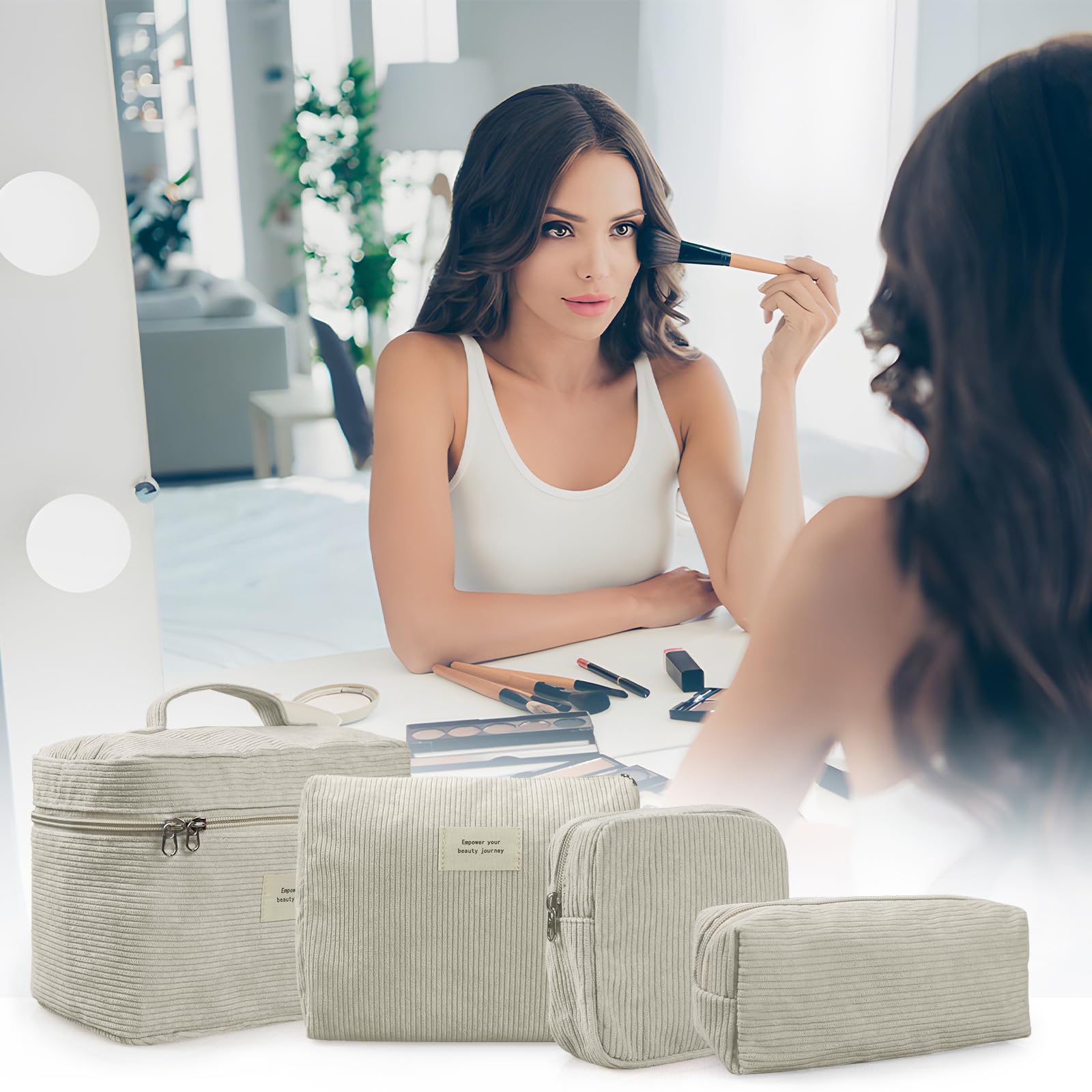 4 Pcs Corduroy Makeup Bags for Women - Aesthetic Cute Cosmetic Organizer Set with Zipper, Multi-Size Travel Toiletry Pouches (Beige) | Perfect for Travel, Gym, and Daily Beauty Essentials Storage