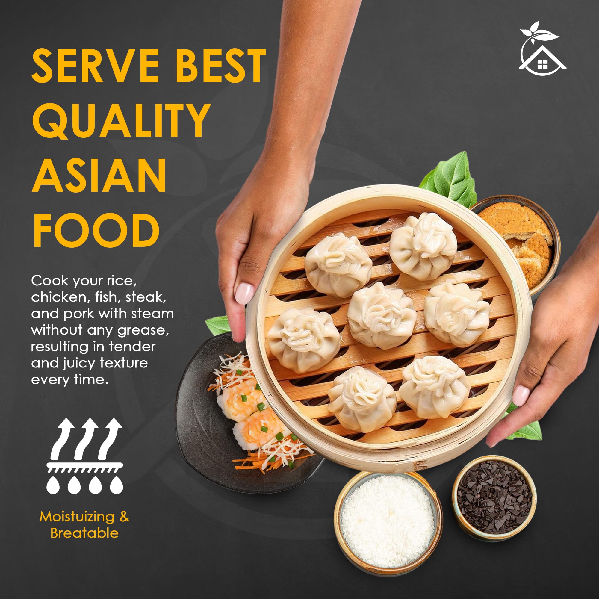 K.Christine 10-inch Bamboo Steamer Basket - 2-Tier Stackable Asian Cooking Steamer with Lid, Liners, Chopsticks & Ceramic Dish for Dumplings, Buns, Vegetables & Seafood | Perfect for Home Cooking & Restaurant Use