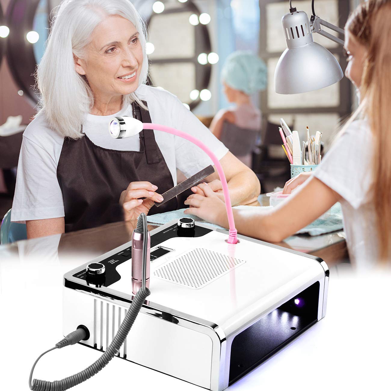 Professional 4-in-1 Electric Nail Drill Kit with Dust Collector, UV Dryer & LED Lamp - Complete Nail Art Design System for Salon & Home Use - Perfect for Manicures, Pedicures & Gel Polish Application
