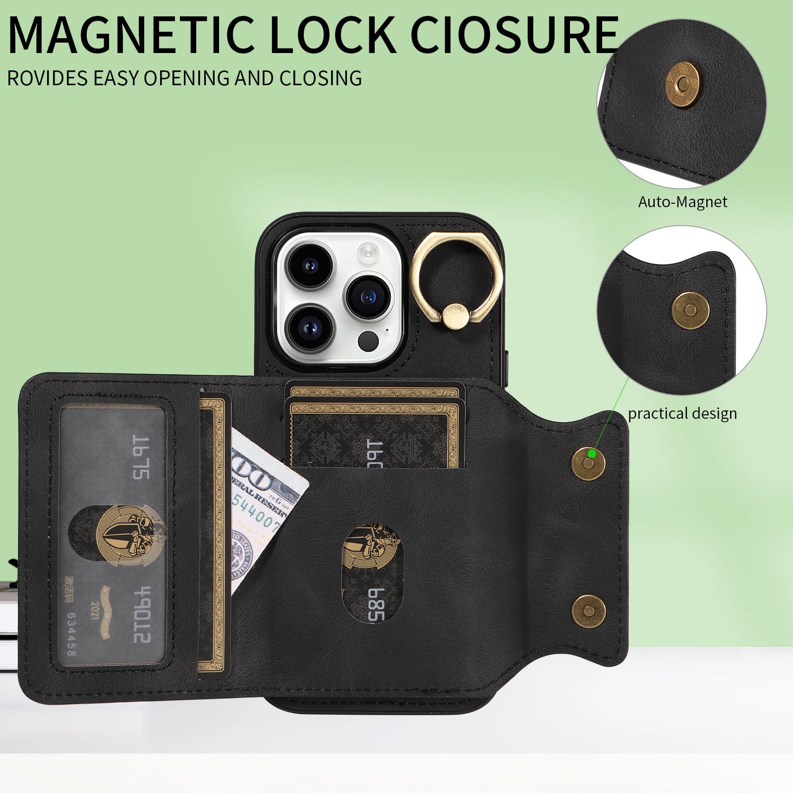 Premium PU Leather Wallet Case for iPhone 14 Pro - Magnetic Flip Cover with Card Holder & 360° Rotating Ring Stand | Shockproof Protective Phone Case for Men & Women | Perfect for Work, Travel & Daily Use (Black)