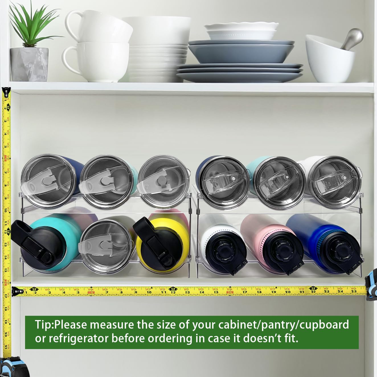2 Pack Stackable Plastic Water Bottle Organizer - Space Saving Kitchen Pantry Storage Shelf for Cabinet & Fridge Organization - Perfect for Soda, Juice & Sports Drink Bottles in Home, Office or Dorm