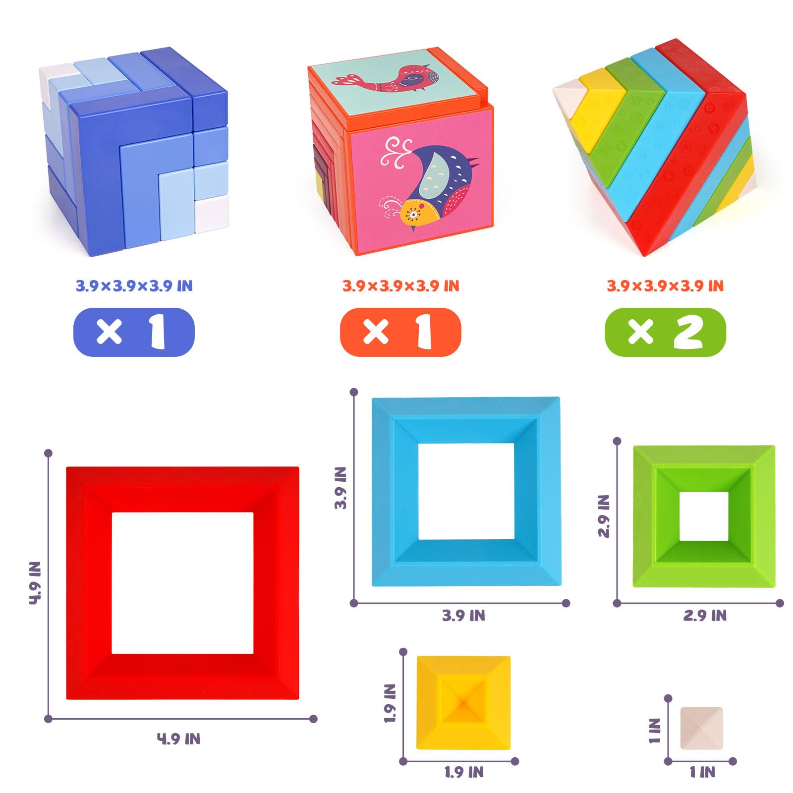 Agirlgle 3-in-1 Stacking Building Blocks - Montessori Educational Toys for Toddlers | STEM Sensory Learning Pyramid, Changing Cube & Puzzle Geometric Blocks | Preschool Activities, Birthday Gifts for Kids | Perfect for Classroom, Daycare & Home Playtime