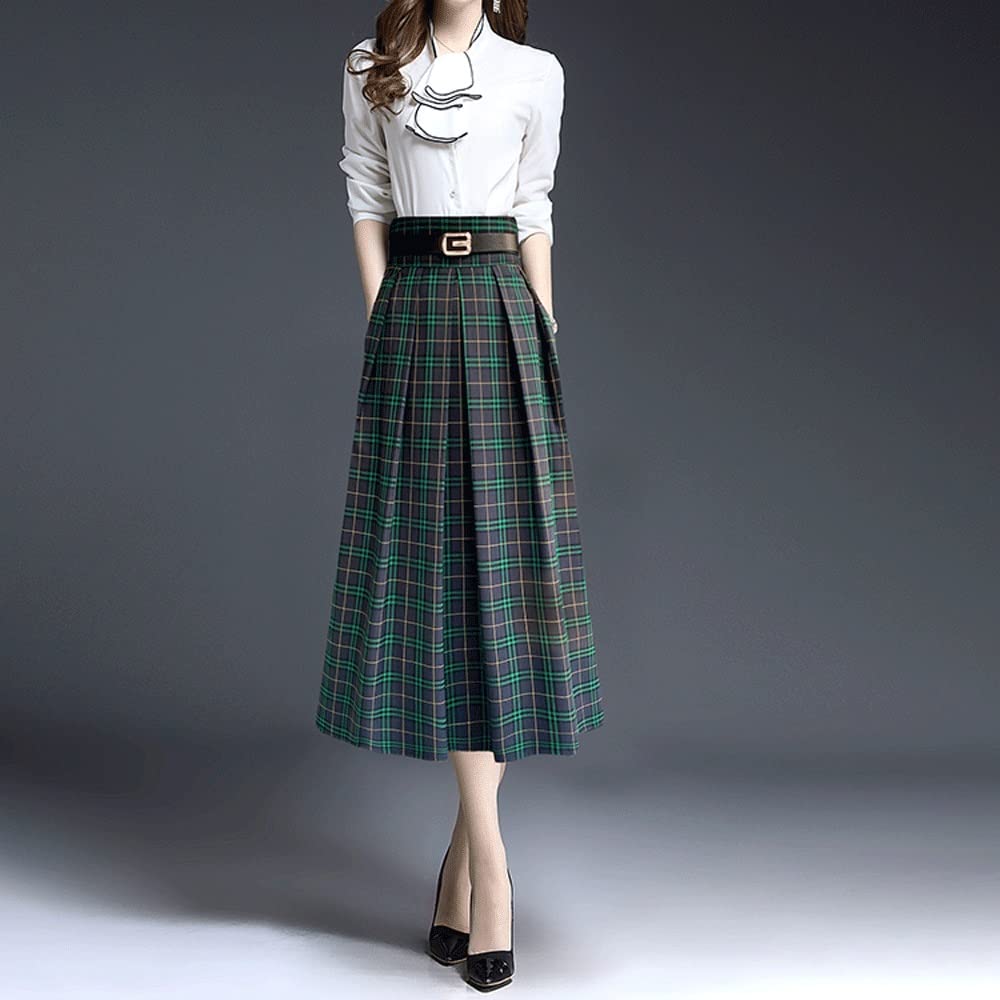 Elegant High Waist Pleated A-Line Skirt - Mid-Length Plaid Slimming Long Skirt for Women (Size 25/4XL, Color A) | Perfect for Office Wear, Casual Outfits & Special Occasions