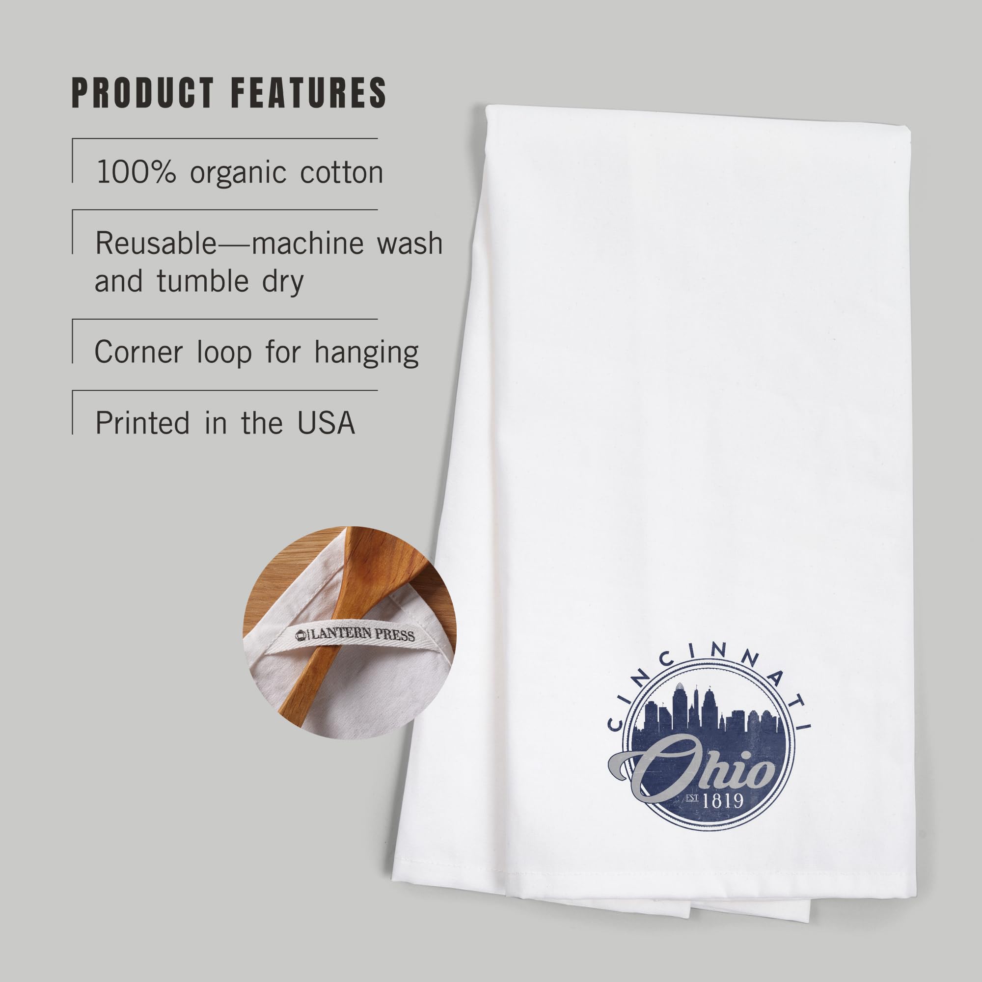 Lantern Press Cincinnati Ohio Skyline Seal Blue 100% Cotton Tea Towel - Decorative Kitchen Hand Towel for Home Decor, Dish Drying & Gift Giving