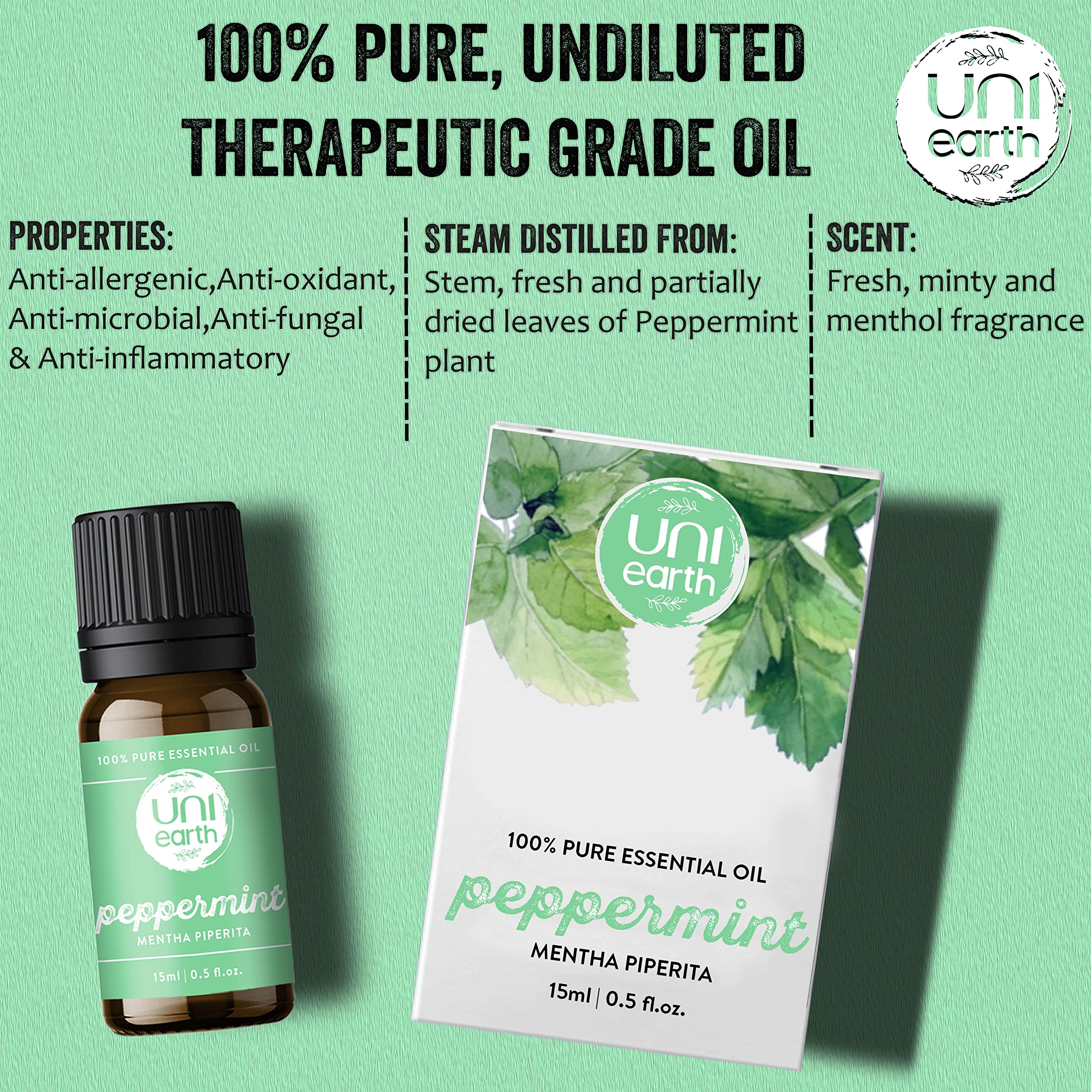 Uniearth 100% Pure Therapeutic Grade Peppermint Essential Oil - 15mL for Skin & Hair Care, Muscle Pain Relief, Acne Treatment & Scalp Nourishment | Aromatherapy, Massage, DIY Beauty & Home Remedies