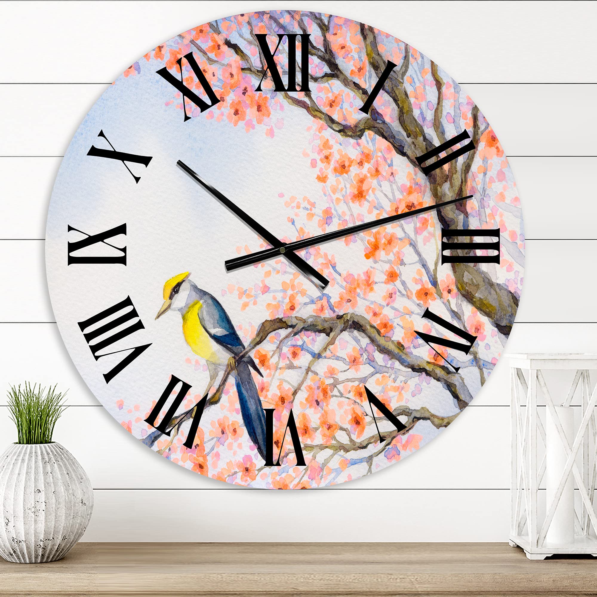 DesignQ Traditional Wall Clock - Beautiful Blue Bird on Flowering Branch I - Large Animal Wall Clock for Home, Office, Living Room Decor - Perfect for Farmhouse, Bedroom & Kitchen Décor