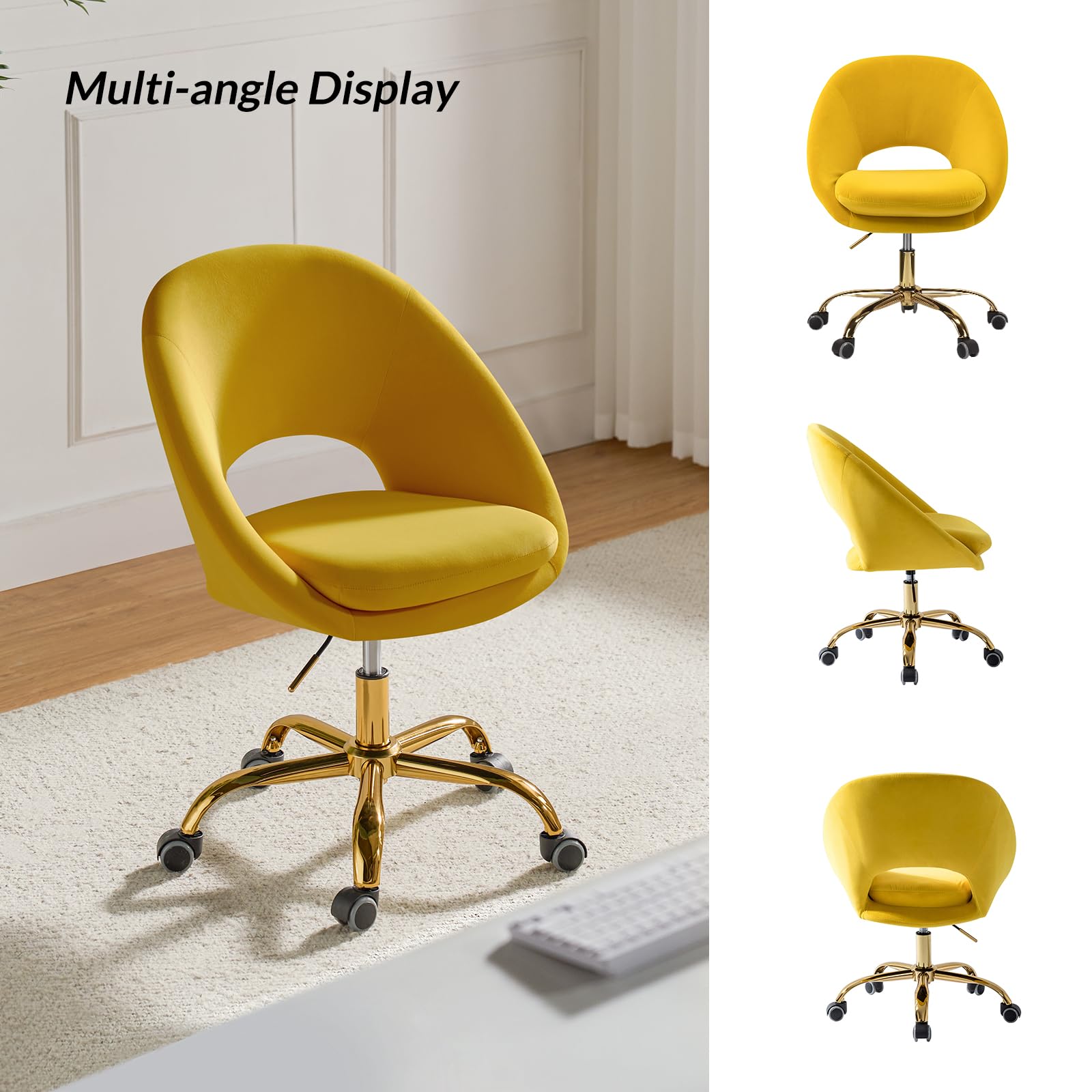 Modern Velvet Office Chair with Adjustable Swivel & Lumbar Support - Ergonomic Upholstered Desk Chair for Home Office, Study, Living Room - Small Cute Accent Chair in Yellow for Work, Gaming & Vanity