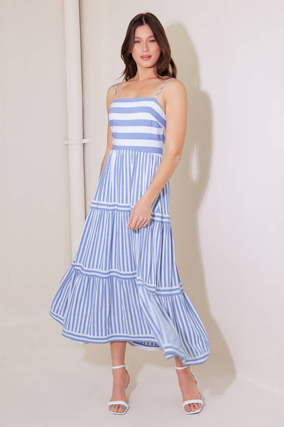 ANYTHING IS POSSIBLE Women's Blue & White Midi Dress - Perfect for Casual Outings, Office Wear & Summer Parties