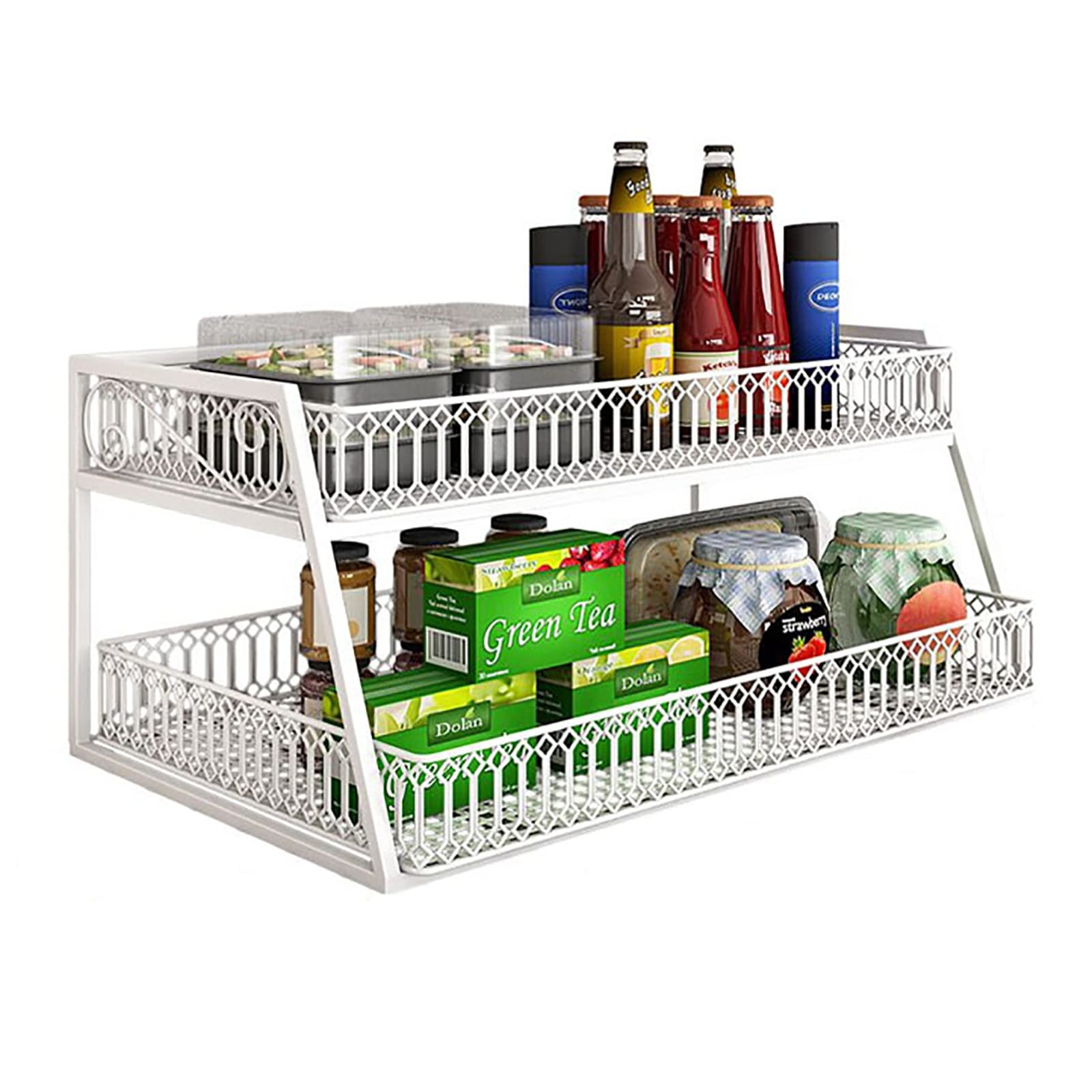LIZI 2-Tier Kitchen Table Organizer - Wrought Iron Desktop Storage Rack for Snacks, Spices & Home Countertop - Space Saving Design (White, 40x26x34cm) - Perfect for Pantry, Office Desk & Small Kitchen Organization