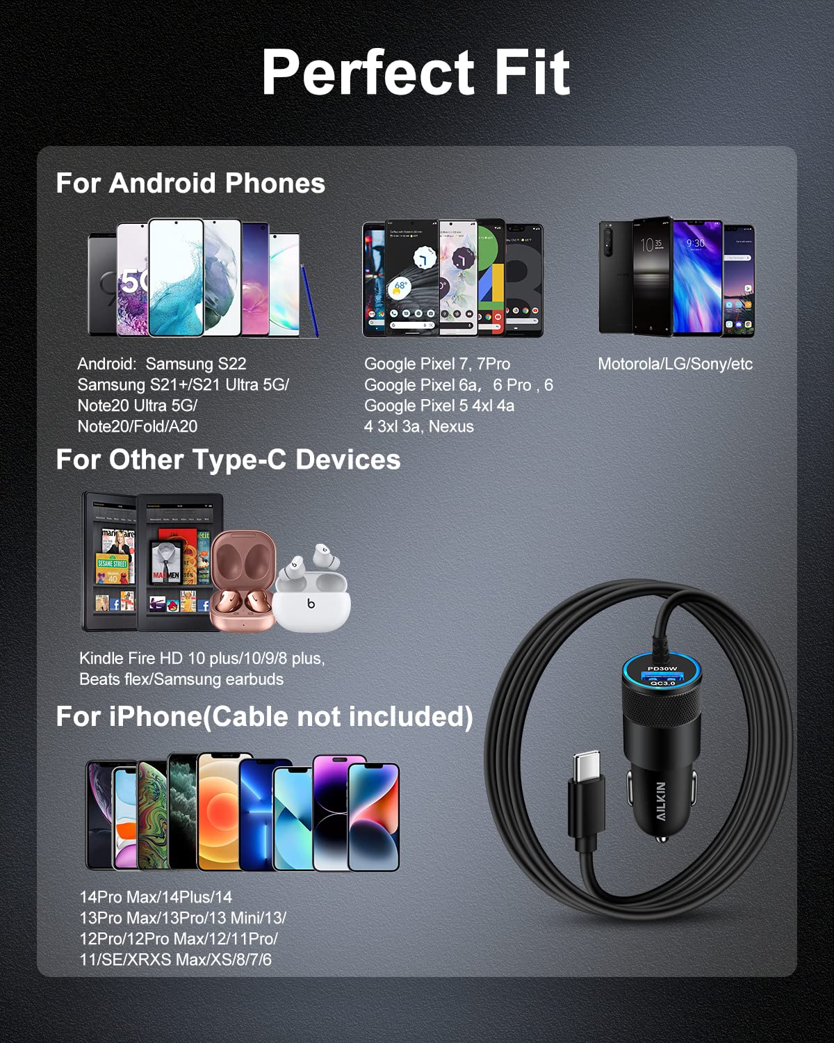AILKIN Fast USB C Car Charger for Samsung Galaxy S24 Ultra/A55/A15/Z Fold/Flip 6 & iPhone 15 Pro/Pro Max/Plus - Dual Port Cigarette Lighter Adapter with Quick Charge - Perfect for Road Trips & Daily Commutes