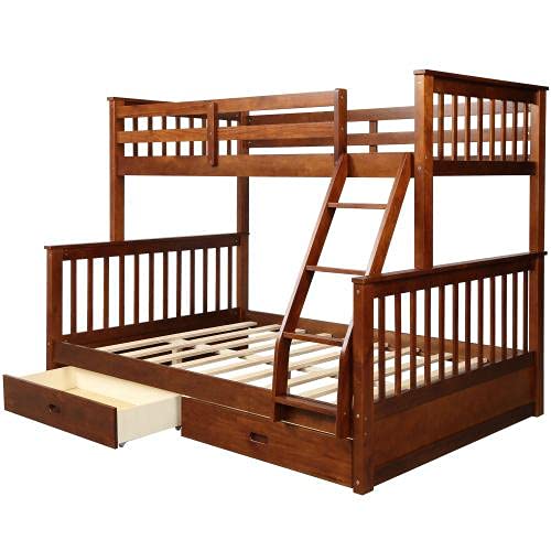 Twin Over Full Bunk Bed with Drawers & Ladder - Solid Wood Bunk Bed with Full-Length Safety Guardrail - No Box Spring Required - Walnut Finish - Perfect for Kids' Bedroom, Guest Room & Space-Saving Solutions