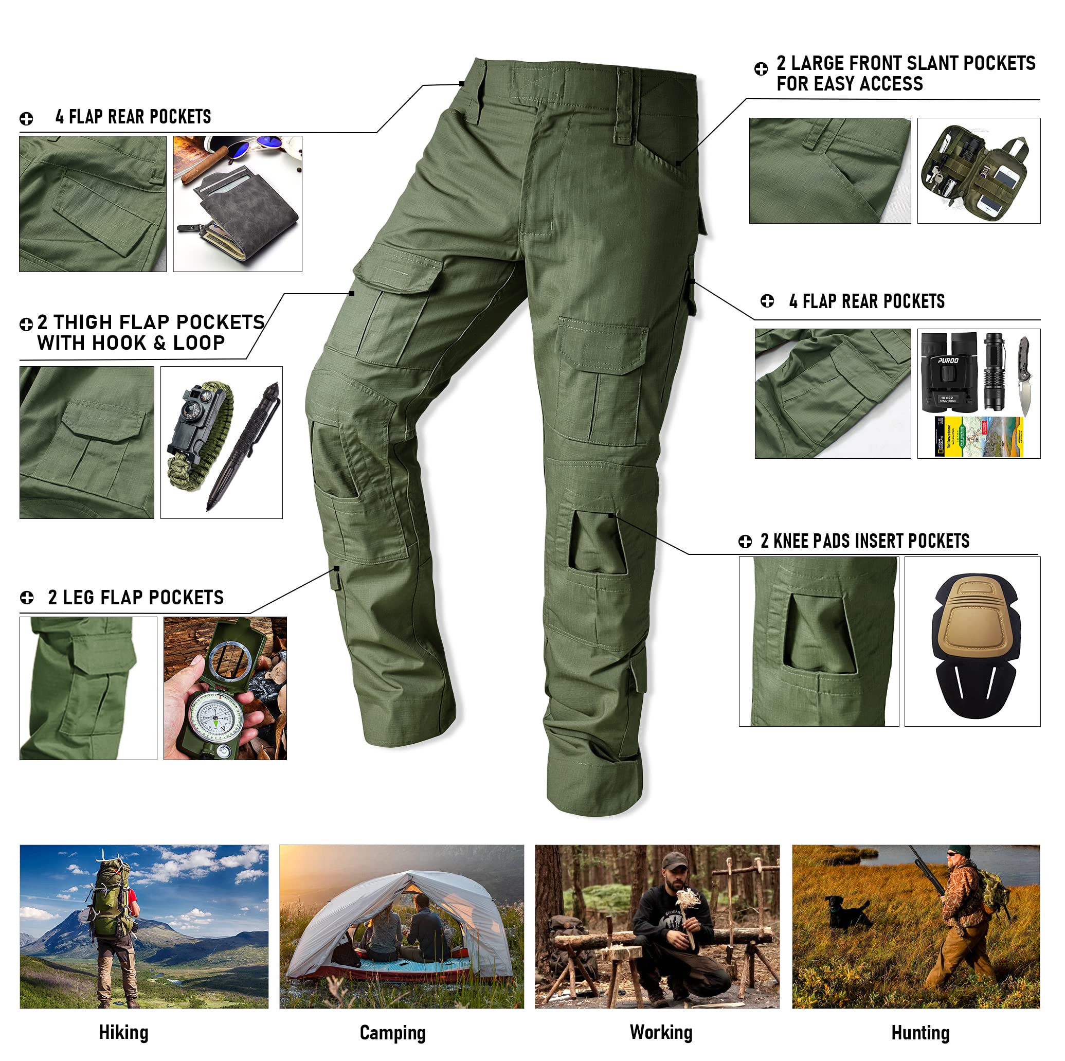 **Men's Tactical Cargo Pants - Camo Ripstop Hiking & Work Pants with Multi-Pockets (No Belt/Kneepad) - Perfect for Outdoor Adventures, Hunting & Tactical Missions**
