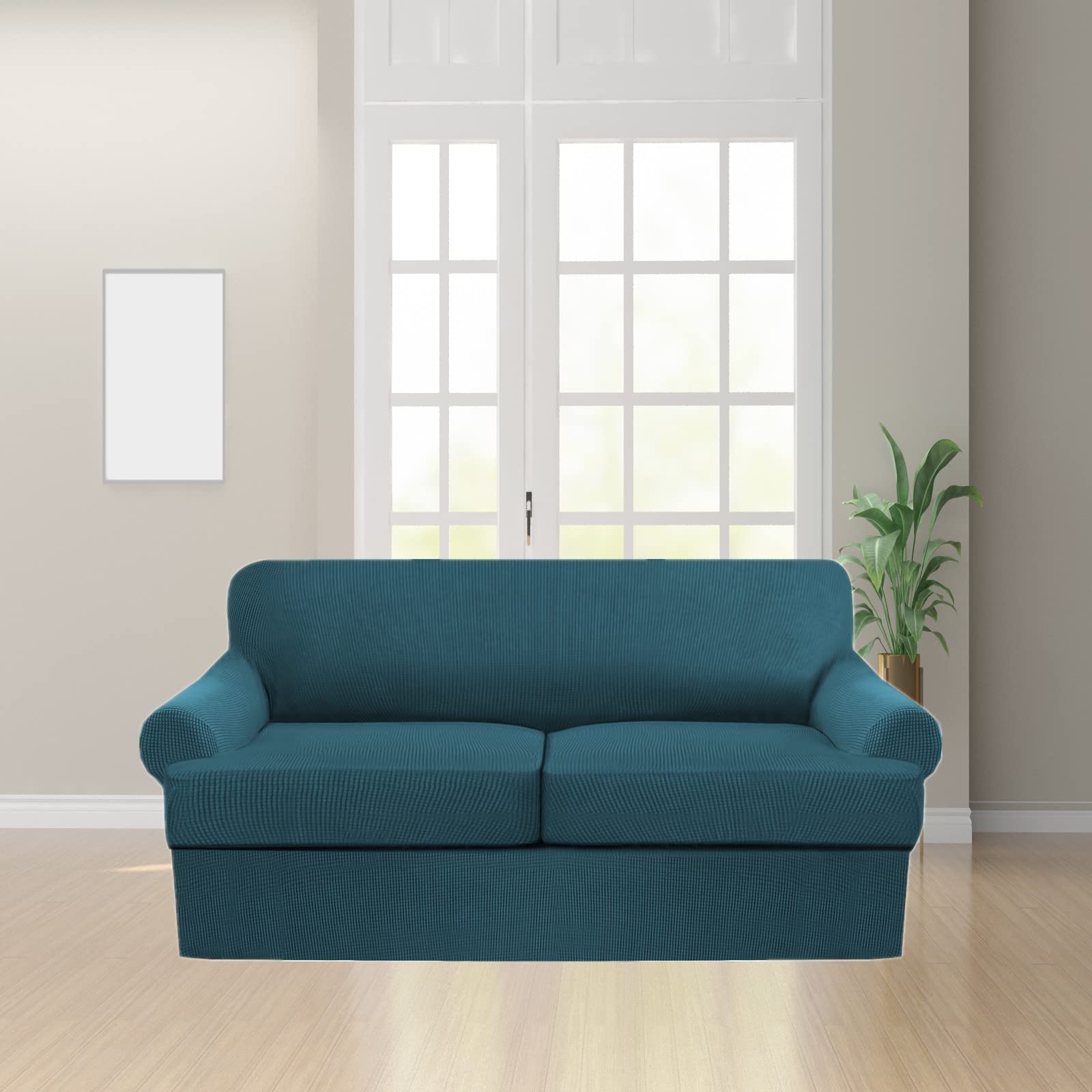 3-Piece T-Cushion Sofa Slipcovers - Thick Stretchable Couch Cover Furniture Protector for 2-Cushion Loveseat with Washable T-Cushion Covers (Teal) - Perfect for Living Room, Family Room & Home Decor Protection