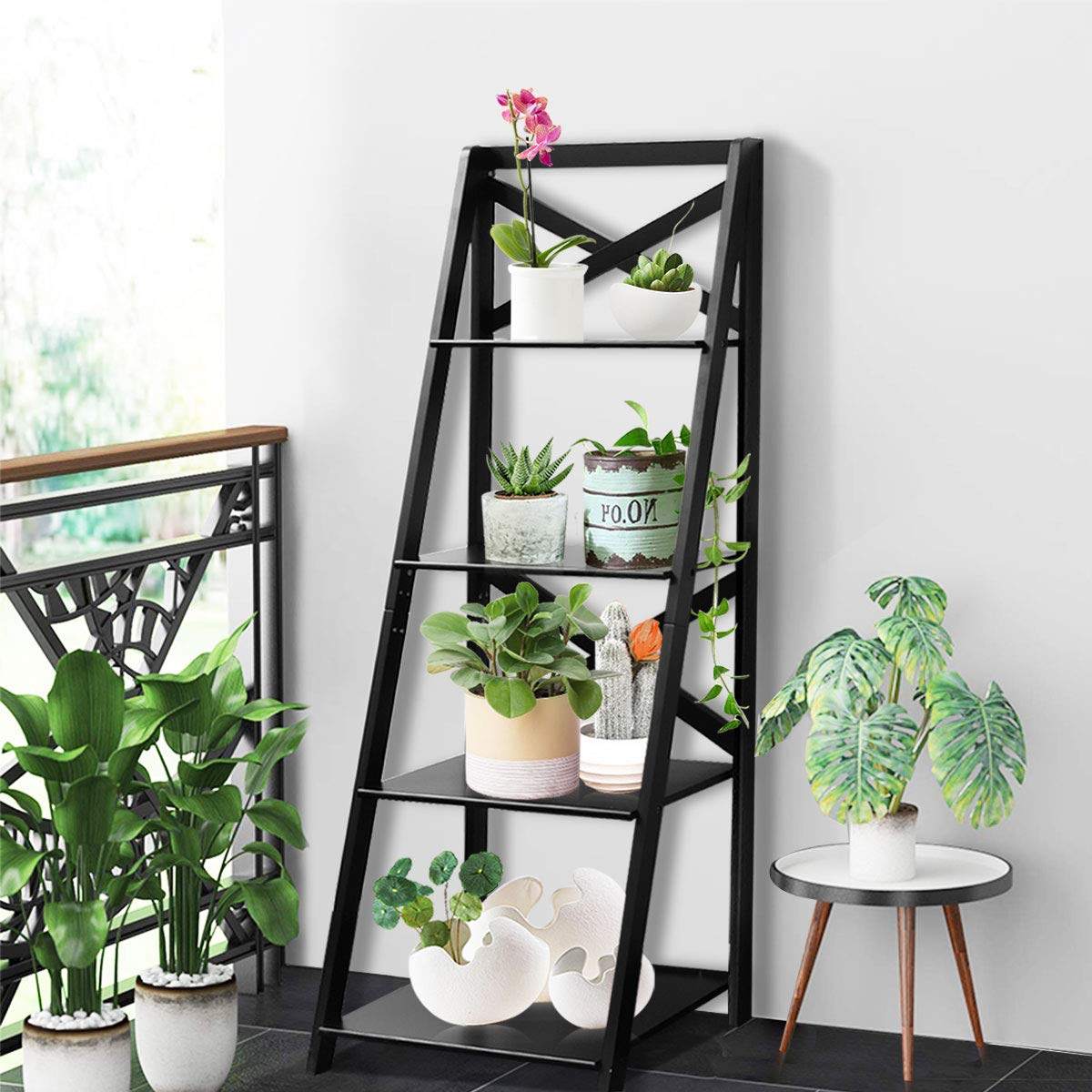 Tangkula 4-Tier Ladder Shelf Bookcase Set of 2 - Free Standing Wooden Leaning Bookshelf for Home & Office - Storage Shelf for Books, Plants, Flowers & Decor - Perfect for Living Room, Bedroom & Workspace Organization
