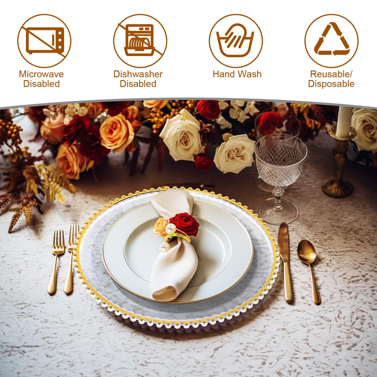 50-Pack Clear & Gold Beaded Plastic Charger Plates 13 Inch with Napkin Rings - Acrylic Round Dinner Plates for Wedding, Party & Special Events - Elegant Table Decor for Formal Dining & Celebrations