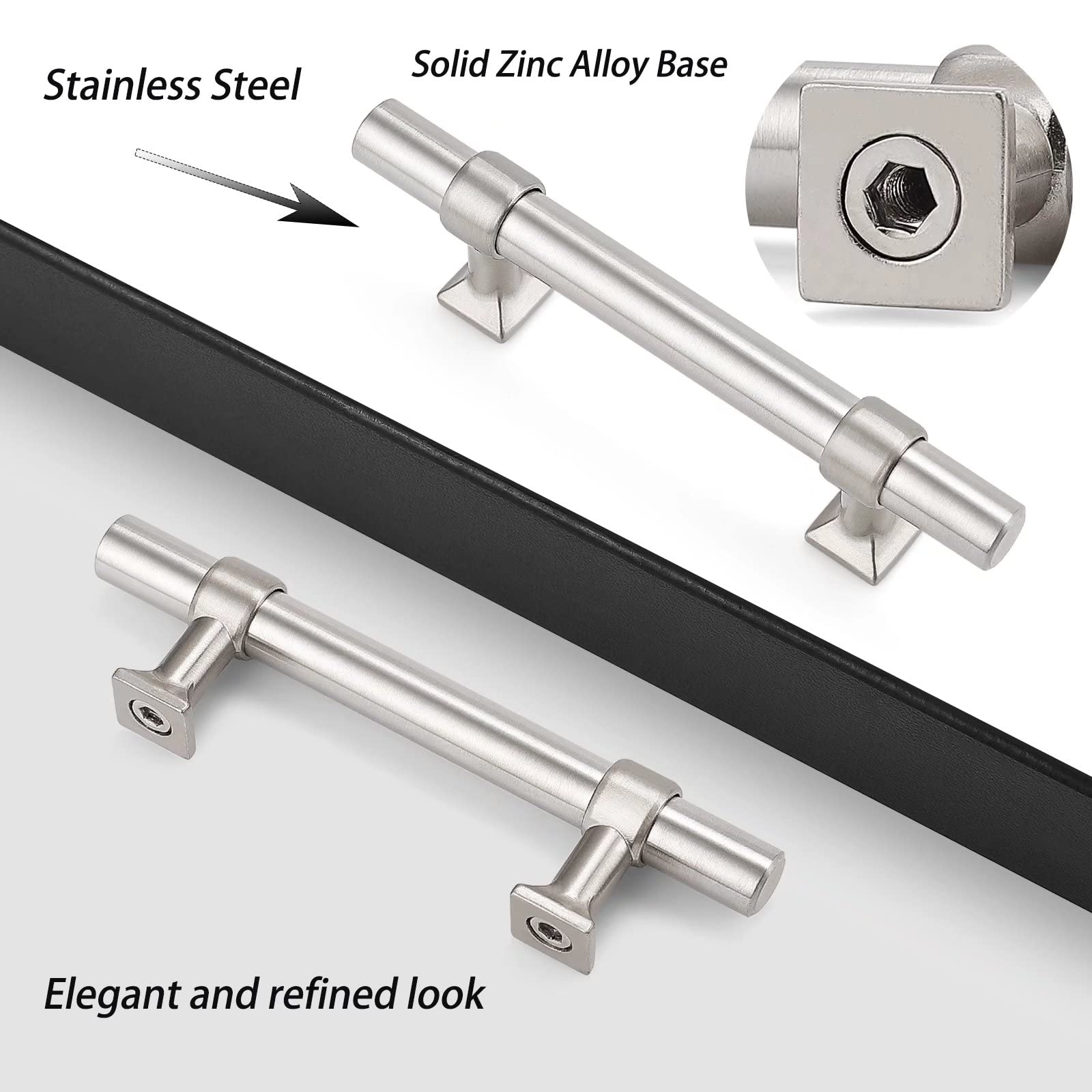 5 Pack Brushed Nickel Cabinet Handles - 3 Inch Hole Centers, Stainless Steel Kitchen Drawer Pulls with Zinc Alloy Base - 5 Inch T-Bar Dresser Pull Handle for Closets, Cabinets & Kitchen Storage Organization