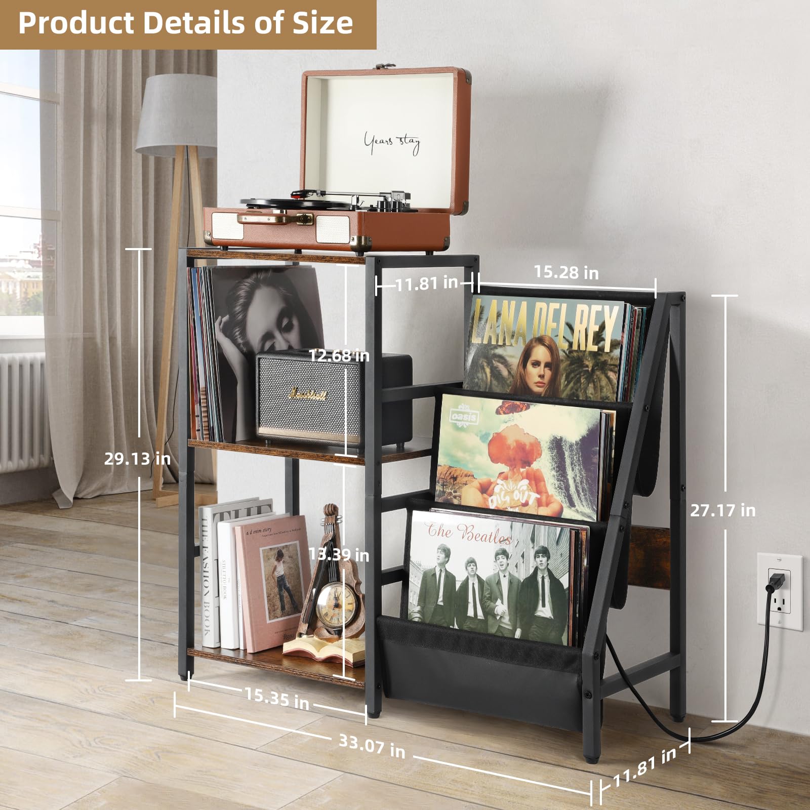 Bikoney 3-Tier Vinyl Record Player Stand with Power Outlet - Turntable Storage Cabinet Holds 200+ Albums, Vinyl Record Shelf & Holder for Living Room, Bedroom & Home Theater