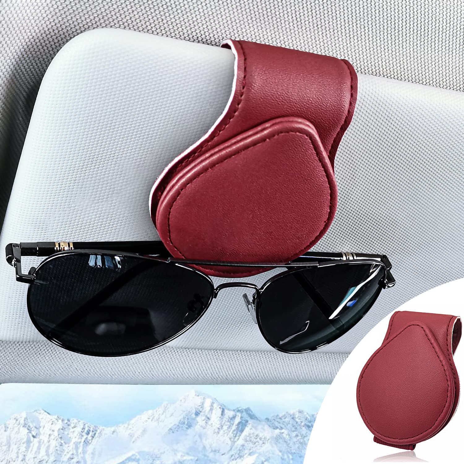 Keedolla Universal Auto Magnetic Leather Sunglass Holder for Car Sun Visor - Eyeglass Hanger Clip, Car Glasses Holder (Purplish Red) - Perfect Car Visor Accessories for Driving, Travel & Outdoor Activities