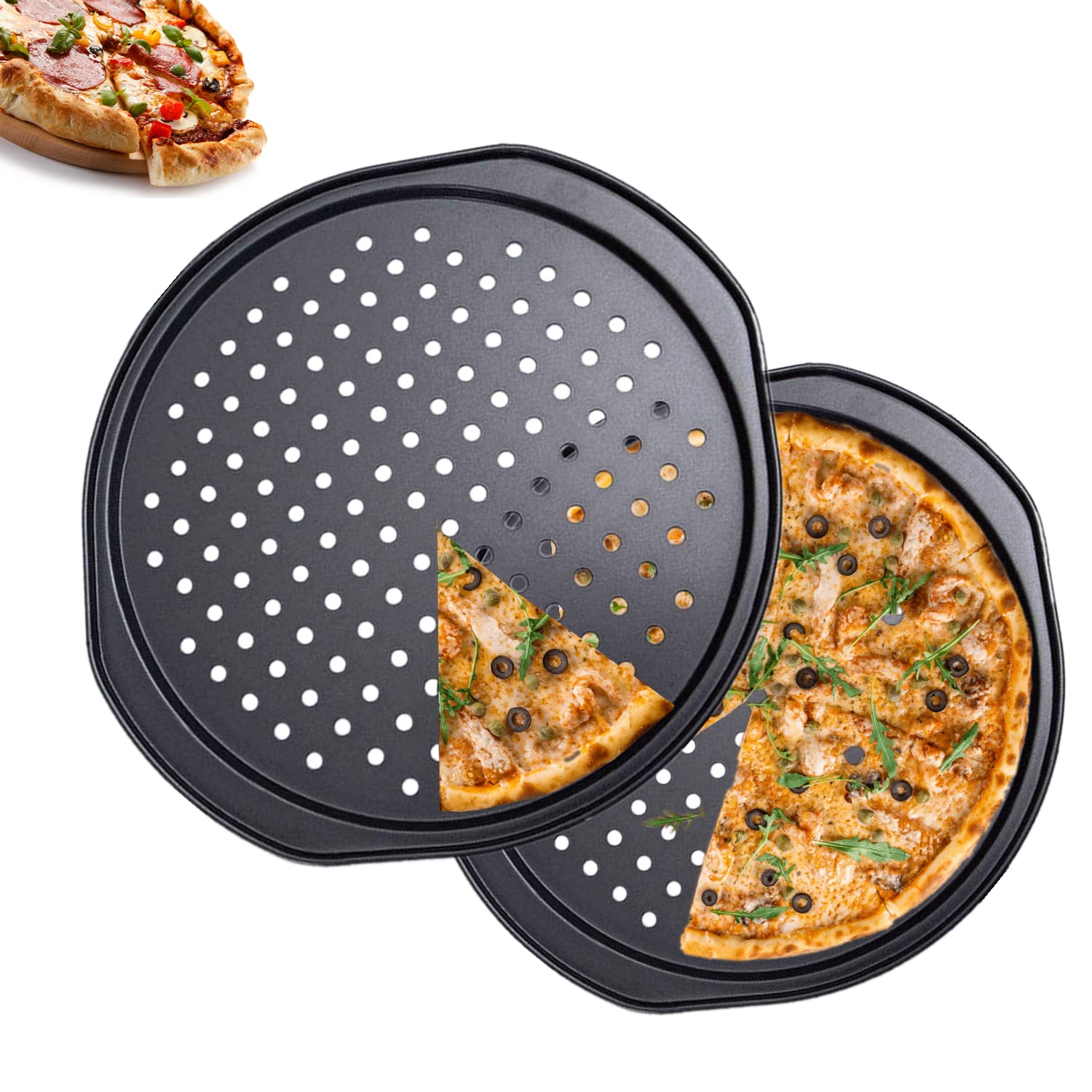 AZKEEGREY 2 Pack 14 Inch Non-Stick Pizza Pans for Oven - Carbon Steel Round Pizza Trays with Holes & Handles (30cm Inside Diameter) - Perfect for Baking, Reheating & Serving Homemade Pizzas, Breads & Pastries