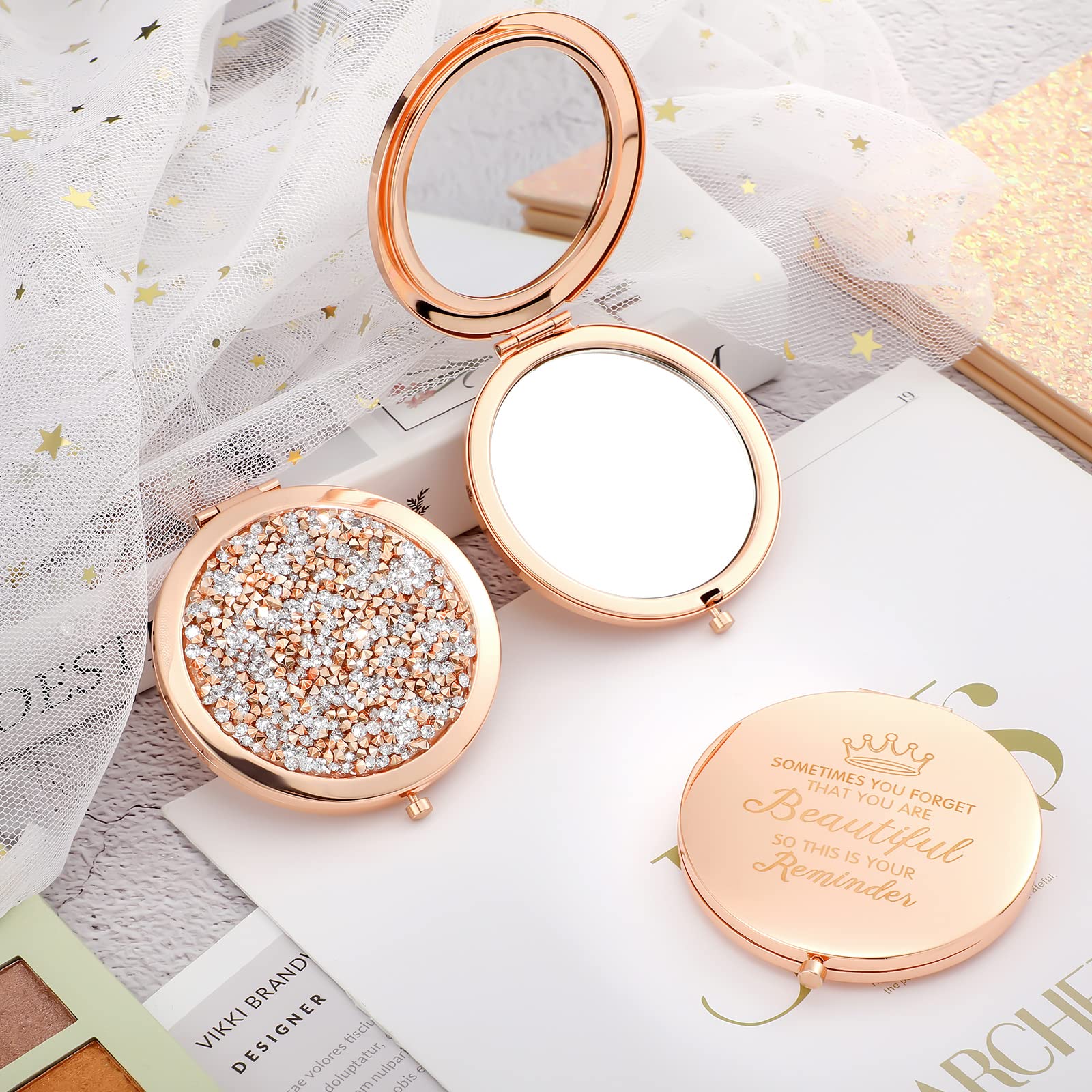 3-Piece Rose Gold Magnifying Compact Makeup Mirror Set - 2.75 Inch Round Travel Handheld Mirror with Inspirational Quote - Perfect for Women's Purses, Travel, and Christmas Gifts (Rose Gold) - Ideal for Home Vanity, Travel Makeup Kit & Thoughtful Gift Giving