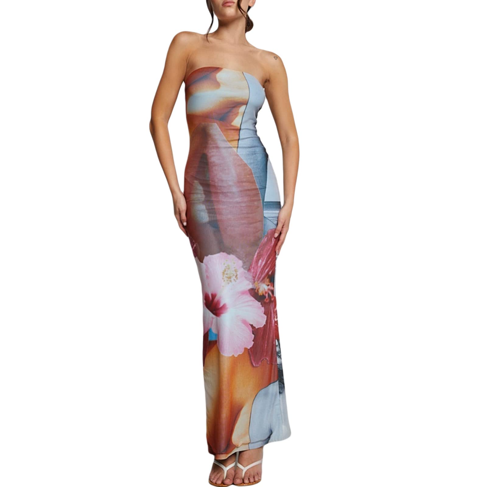 Vintage Floral Print Strapless Bodycon Maxi Dress for Women - Summer Backless Bandeau Long Dress for Beach, Party & Evening Wear