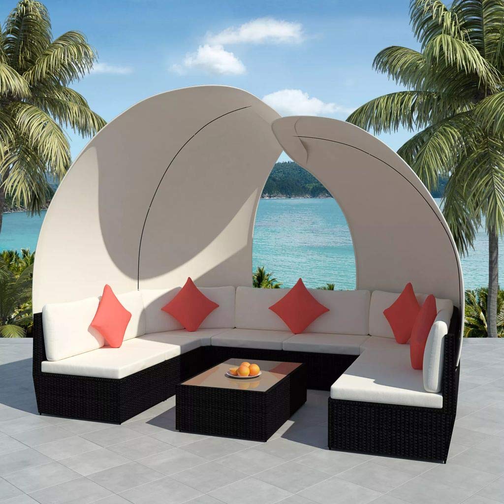 9-Piece Black Poly Rattan Garden Lounge Set with Canopies - Patio Furniture, Outdoor Sectional Sofa Conversation Set - All-Weather Indoor/Outdoor Use for Backyard, Poolside & Terrace Relaxation