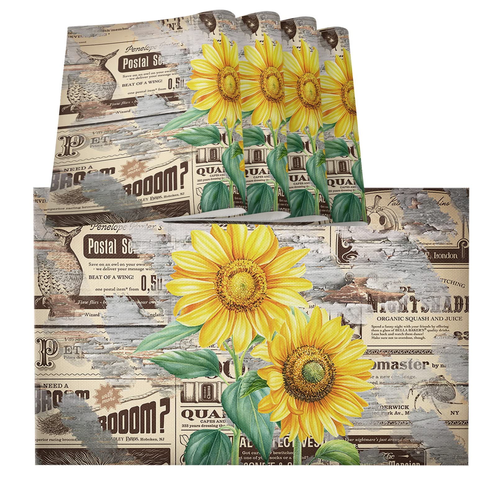 **Heat-Resistant Cotton Linen Placemat Set of 4 – Washable Non-Slip Sunflower Table Mats for Dining, Banquet & Home Decor | Vintage Floral Design for Kitchen, Party & Farmhouse Style**