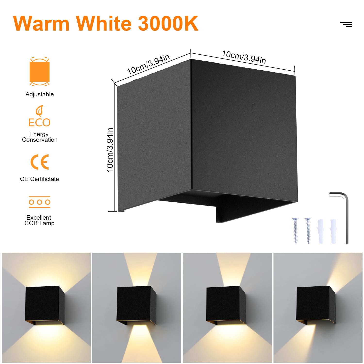 LEDMO 4 Pack 12W LED Wall Lights - 3000K Warm White, Adjustable Beam Angle, IP65 Waterproof for Indoor/Outdoor Use - Perfect for Patio, Garden, Garage & Entryway Lighting