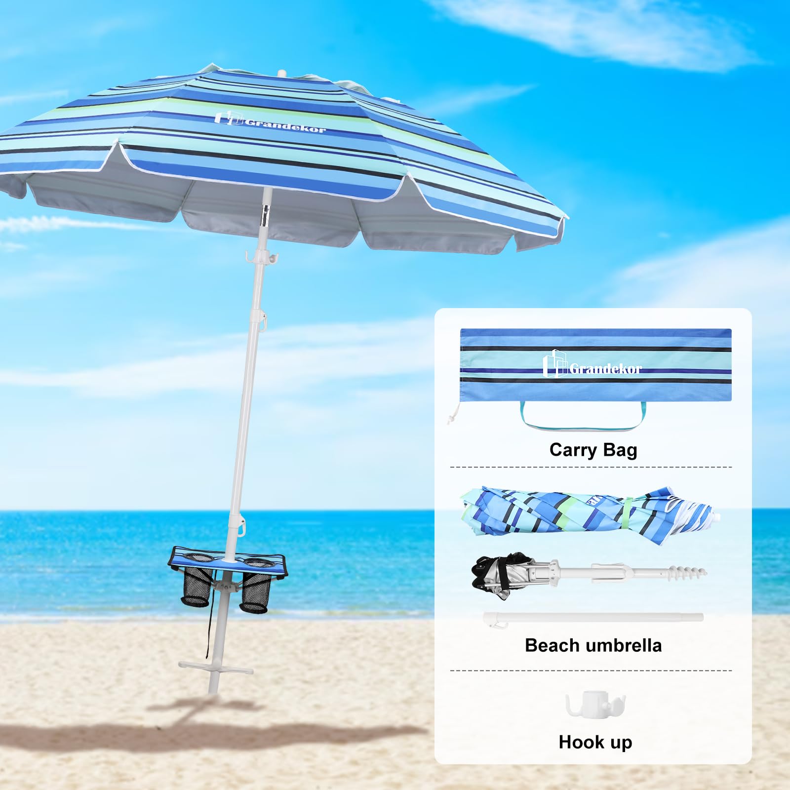 Grandekor 7FT Heavy Duty Windproof Beach Umbrella with Sand Anchor - Portable UV 50+ Sun Shade with Carry Bag & Side Table - Perfect for Beach, Pool, Backyard, and Outdoor Travel Adventures