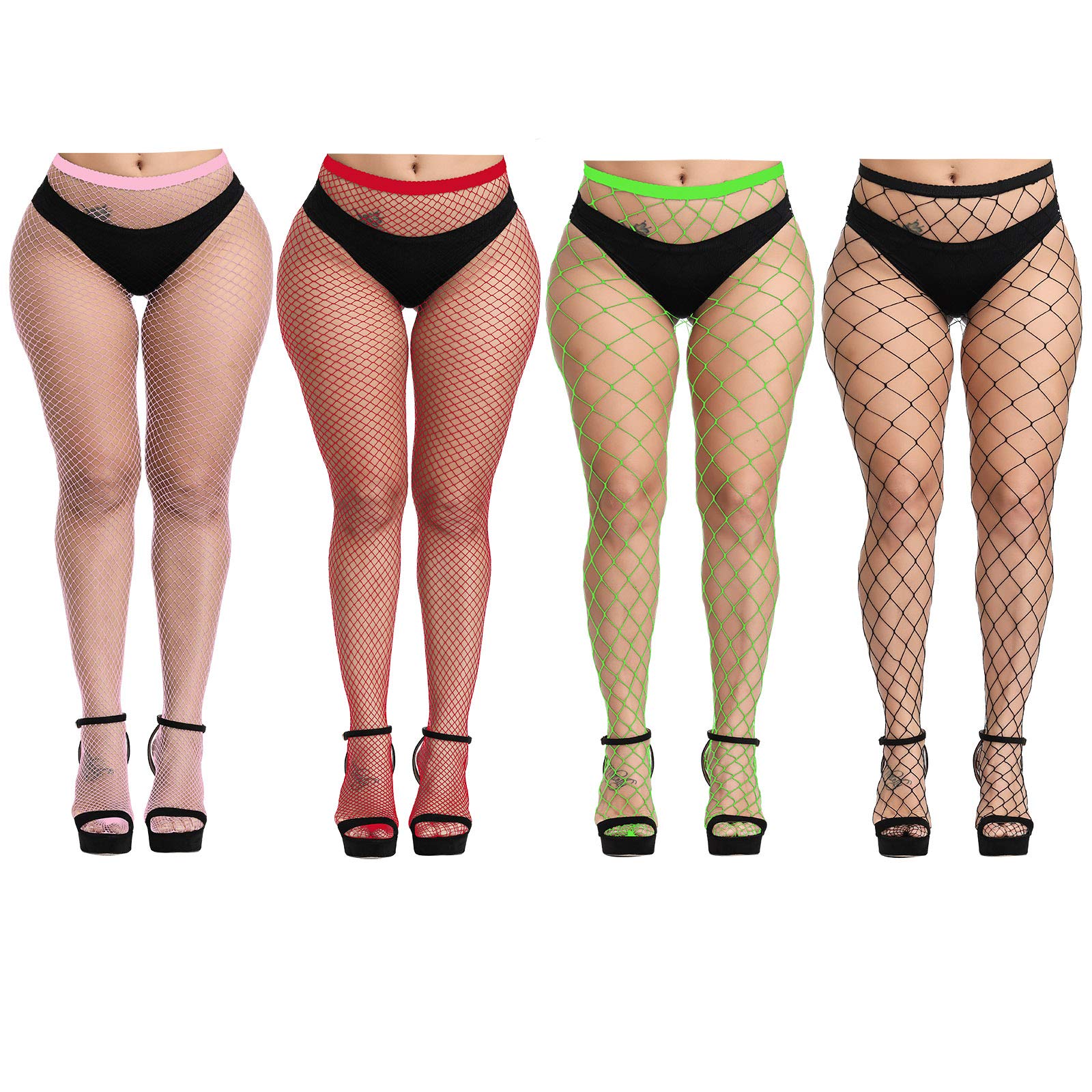 Aneco 4 Pairs Plus Size Fishnet Tights - Sexy Black Mesh Pantyhose & Thigh High Stockings for Women | Perfect for Halloween, Cosplay, and Night Out Outfits