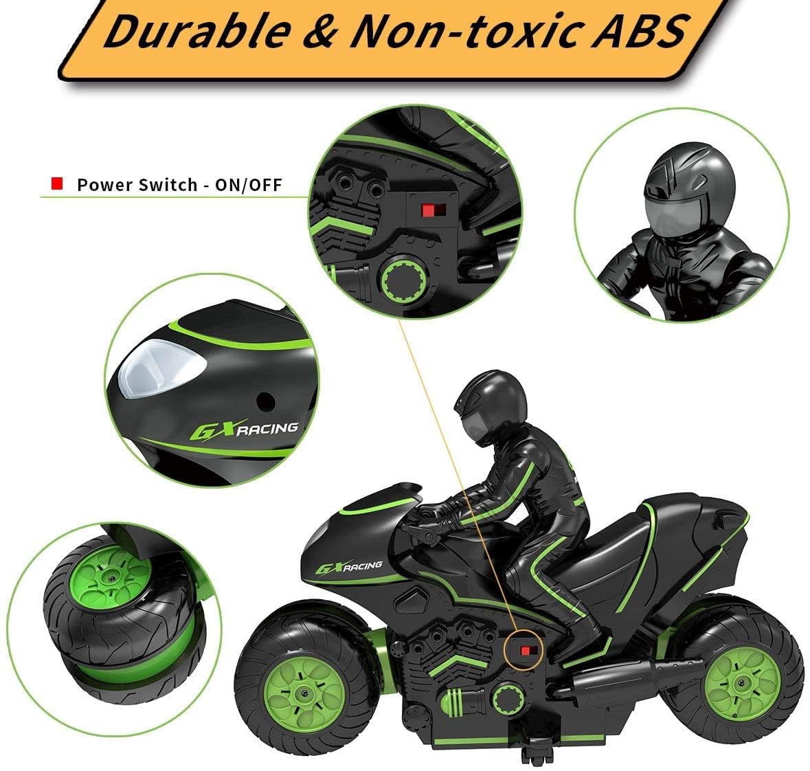 RC Motorcycle Toy - 360° Spinning Wheels Stunt Bike with 2WD High Speed & Drift Function - Remote Control Car for Kids Boys Girls - Perfect for Outdoor Play & Birthday Gifts (Green)