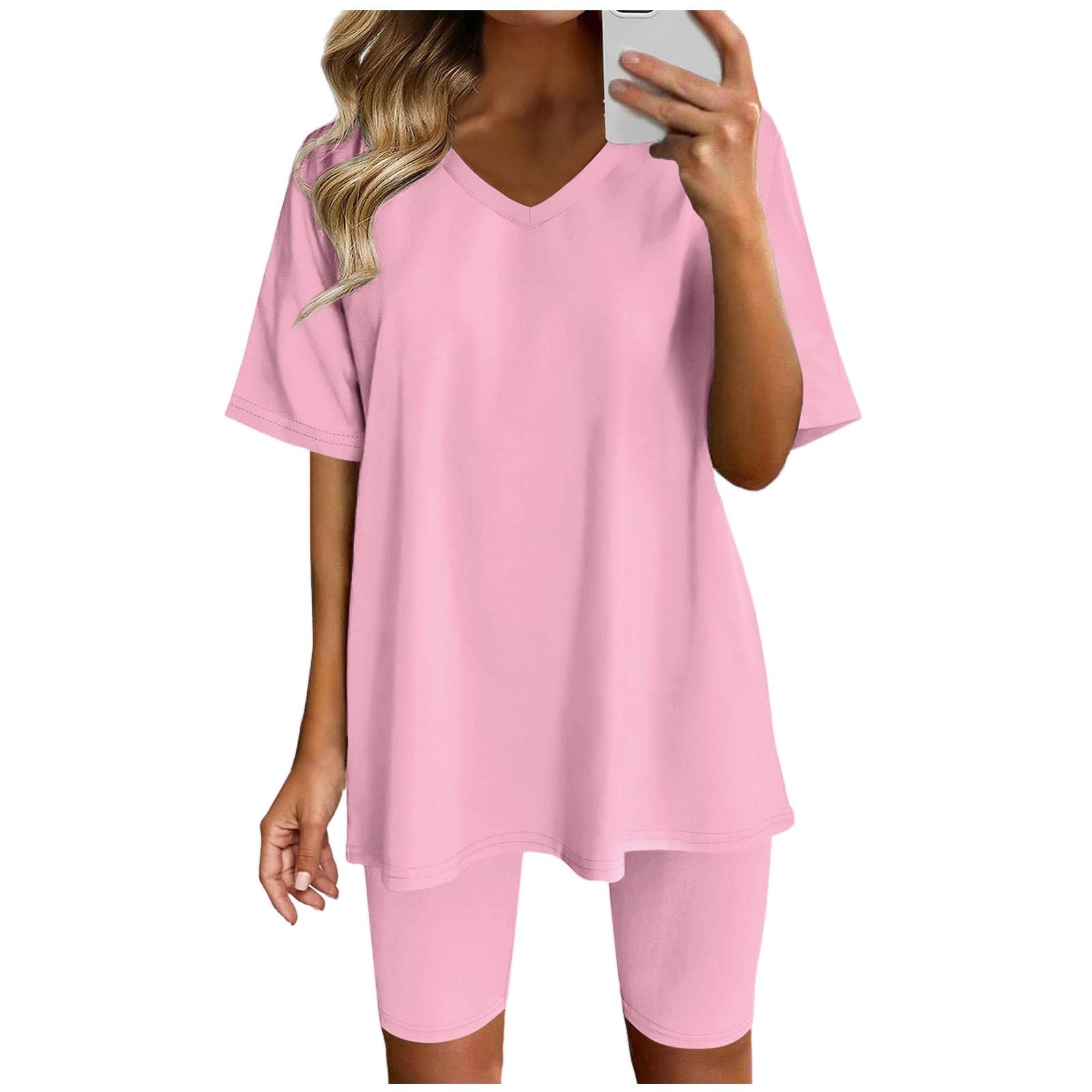 Women's 2-Piece Outfits Summer Short Sleeve Lounge Matching Sets - Oversized Shirts & Biker Shorts Tracksuit for Casual Wear, Vacation & Home Comfort