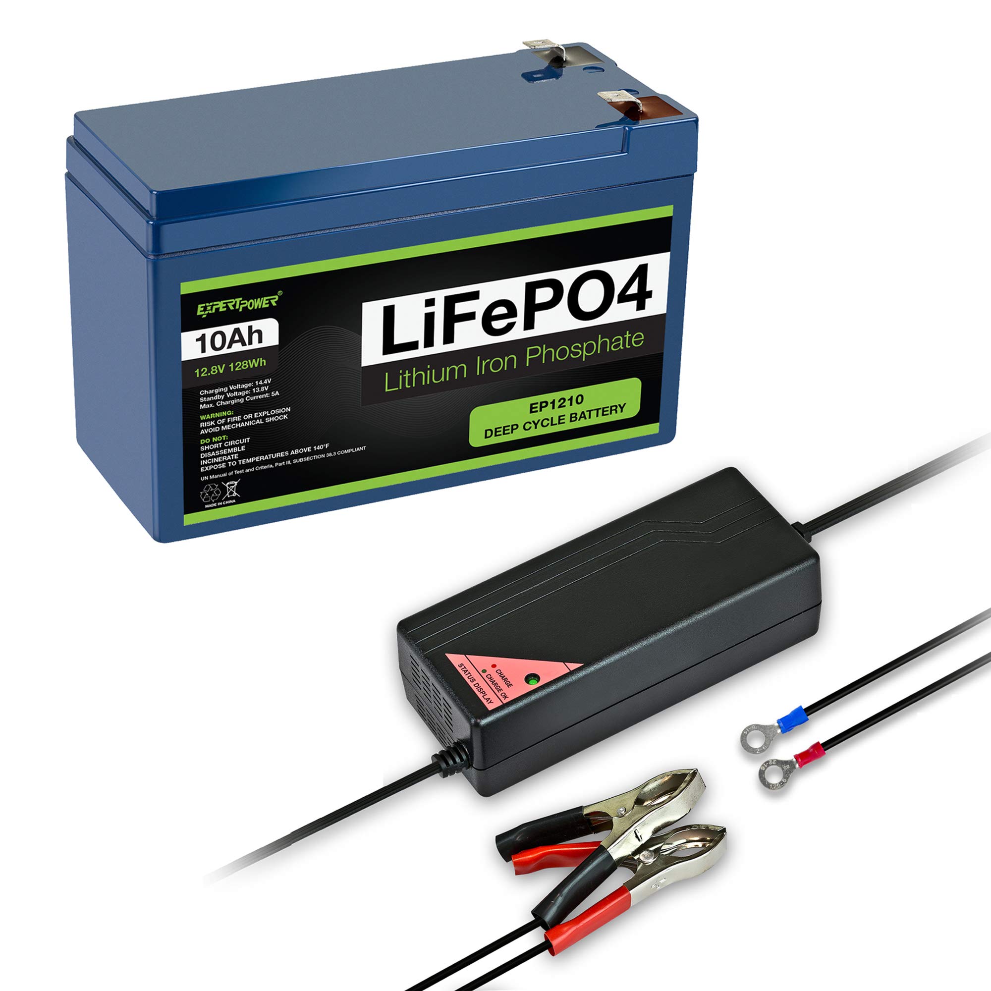 ExpertPower 12V 10Ah LiFePO4 Lithium Battery with 5A Smart Charger - Rechargeable Deep Cycle Battery for RV, Solar, Marine, Trolling Motor & Off-Grid Power Applications