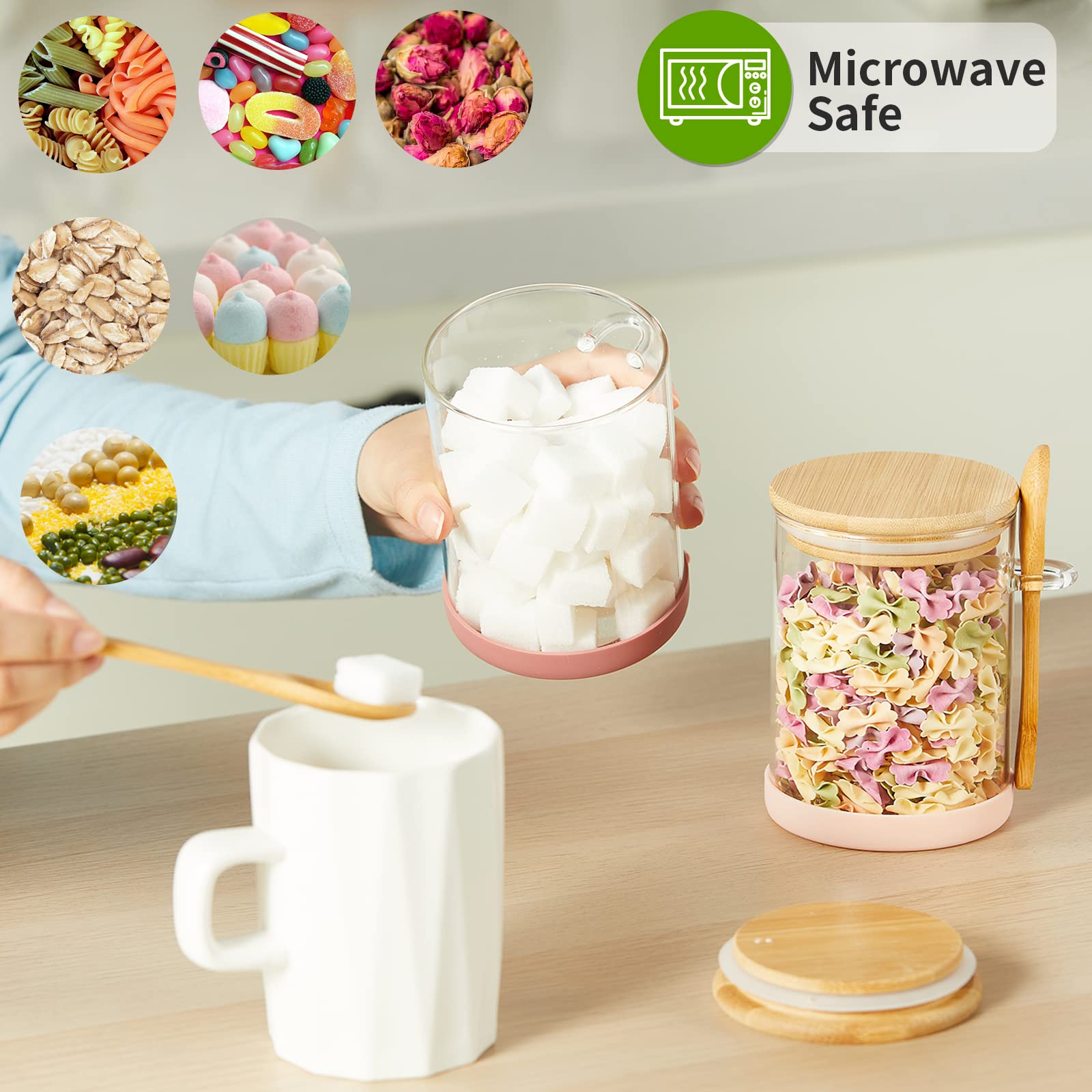 Mfacoy 4-Piece Airtight Glass Food Storage Containers with Bamboo Lids & Spoons - 17oz Borosilicate Overnight Oats Jars - Clear Kitchen Canisters for Cookies, Candy, Coffee, Sugar, Matcha Tea, Flour - Perfect for Pantry Organization & Meal Prep