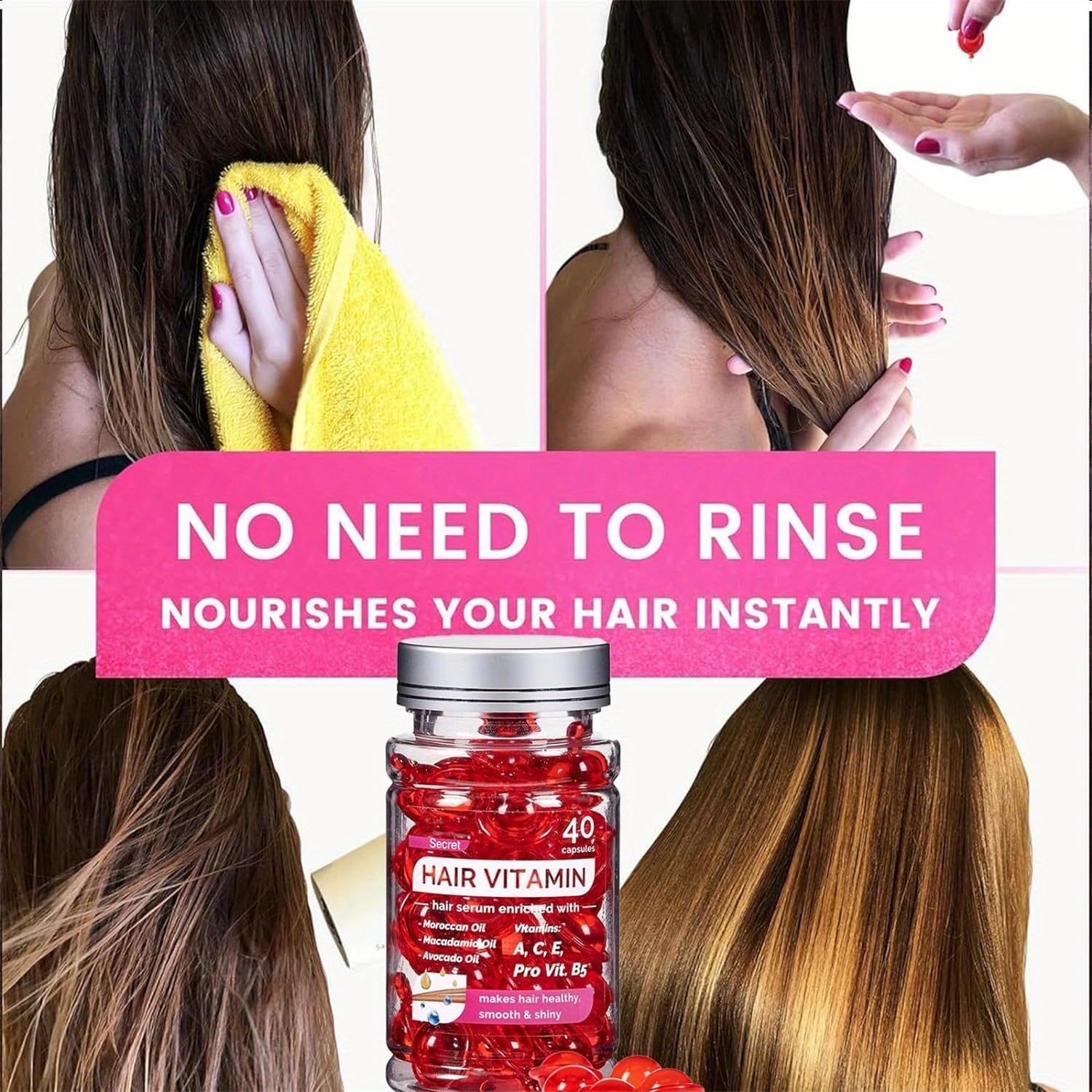 Hair Growth Vitamin Serum Capsules - No Rinse Hair Treatment with Vitamins A, C, E & Pro B5 - Repair Frizzy Damaged Hair - Deep Moisturizing Conditioner for Women & Men (40 Count) - Perfect for Daily Hair Care & Salon-Quality Results at Home
