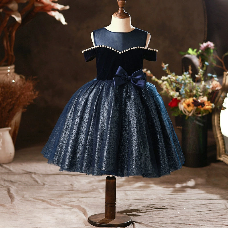 Royal Blue Princess Round Tea Length Tulle Flower Girl Dress for Weddings, Baptisms & Special Occasions