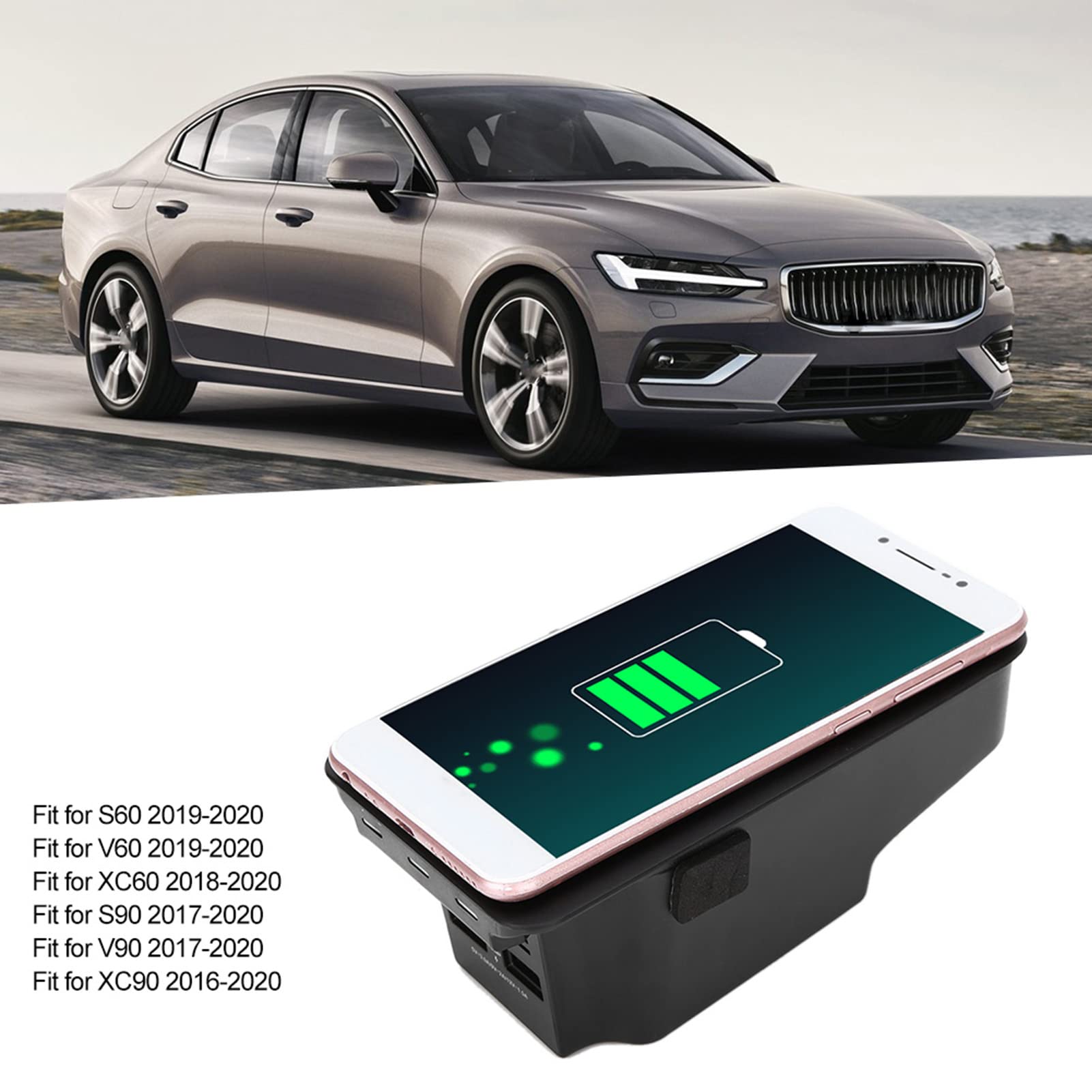 15W Fast Wireless Car Charger for iPhone & Samsung - Universal Qi Charging Pad for Volvo S60/V60/XC60/S90/V90/XC90 - Auto-Clamping Phone Holder for Safe Driving & Hands-Free Charging