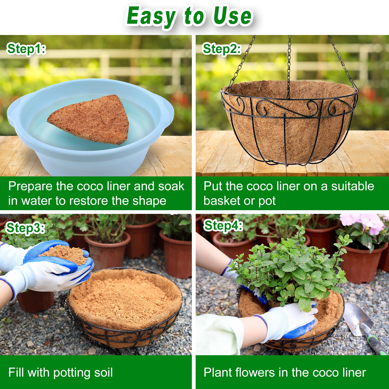 Remiawy 10 Inch Hanging Basket Coco Liners - 6 Pack Natural Coconut Fiber Planter Basket Liners for Outdoor Garden, Flowers & Vegetables | Durable, Eco-Friendly & Breathable Plant Pot Replacement | Perfect for Balcony, Patio & Indoor Decor