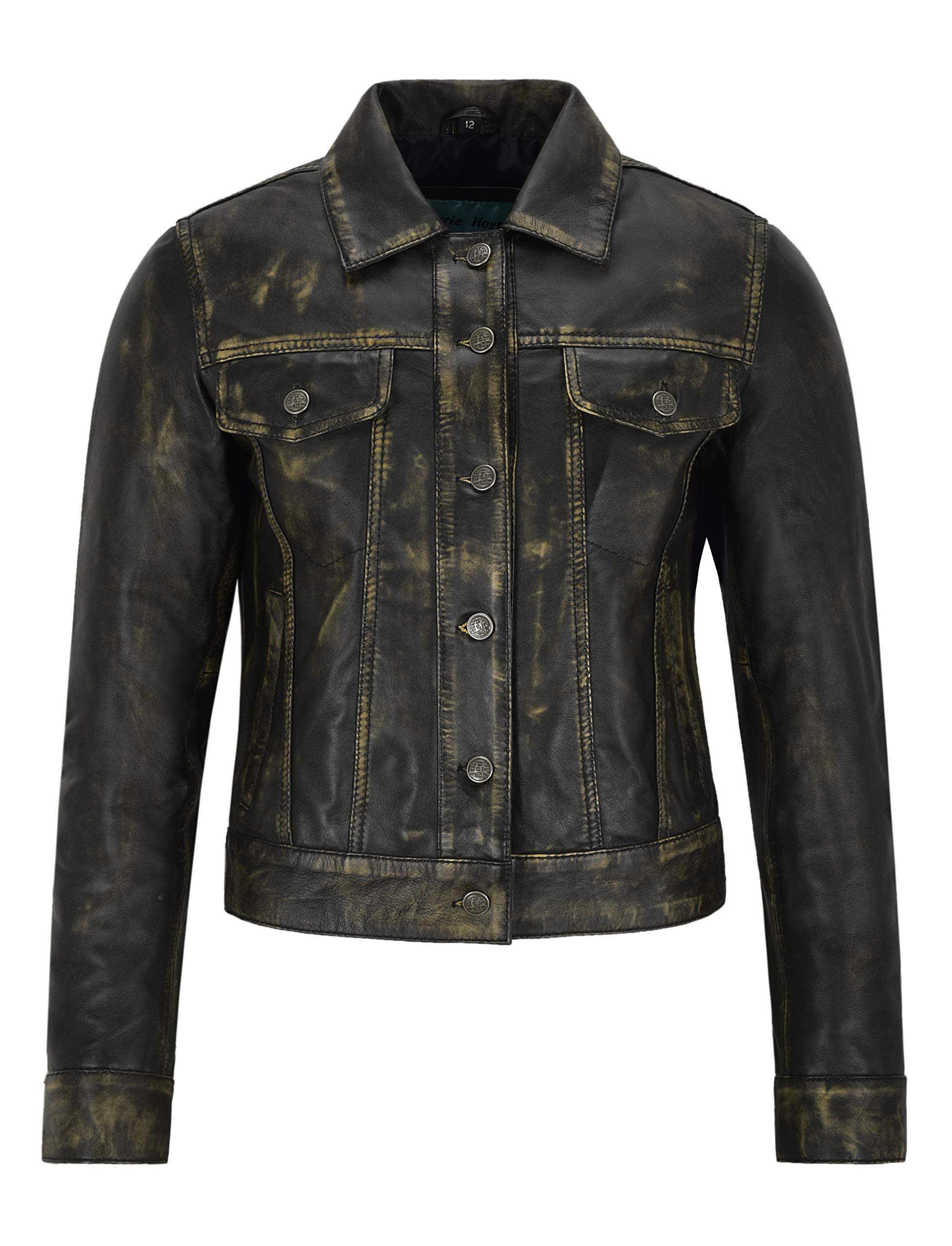 Vintage Women's Real Leather Trucker Jacket - Distressed Washed Leather Shirt Jacket for Casual Wear & Motorcycle Riding (1680)