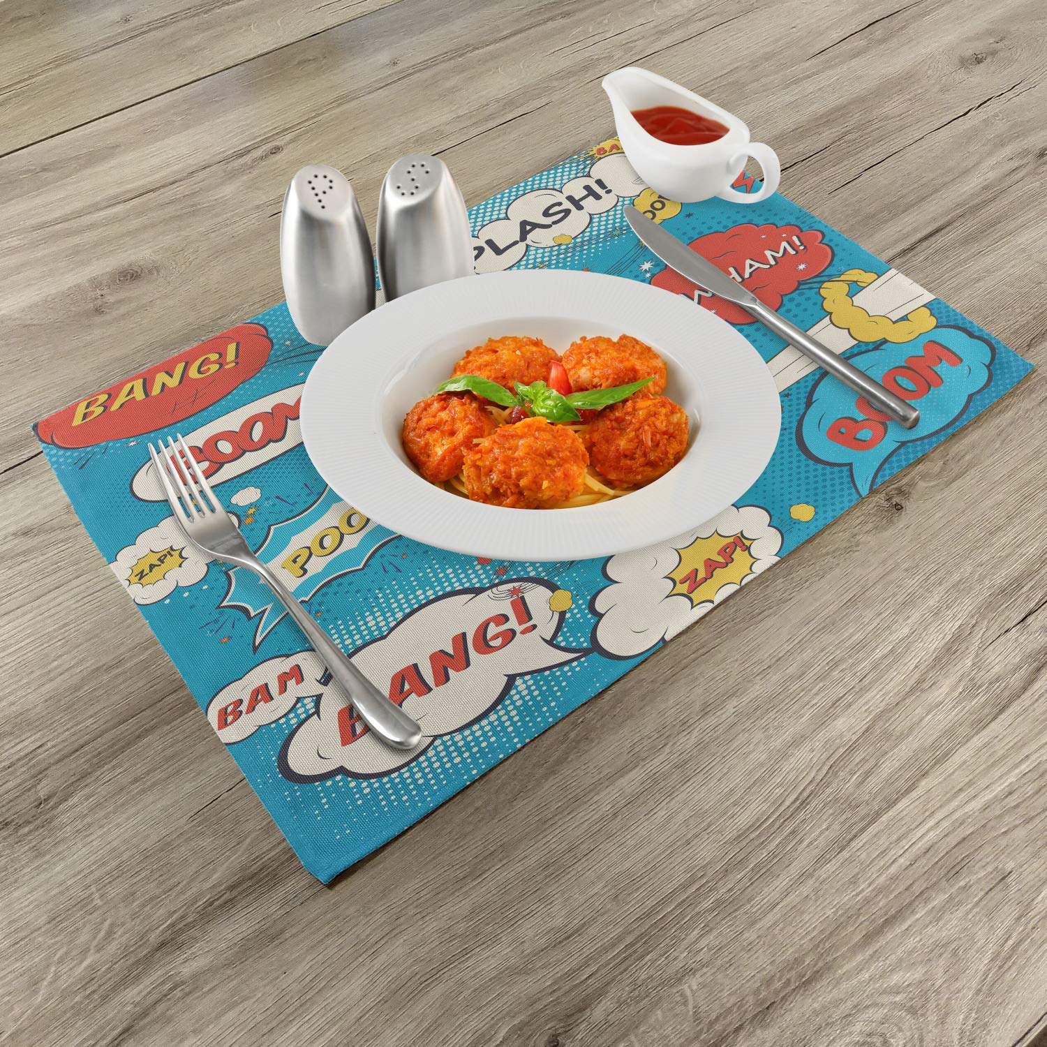 Lunarable Superhero Place Mats Set of 4 - Pop Art Style Comic Speech Bubbles with Funny Humor Expressions (Boom, Splash, Bang) | Washable Fabric Dining Table Placemats | Standard Size (Cream & Blue) | Perfect for Superhero-Themed Parties, Comic Book Lovers, and Fun Family Meals