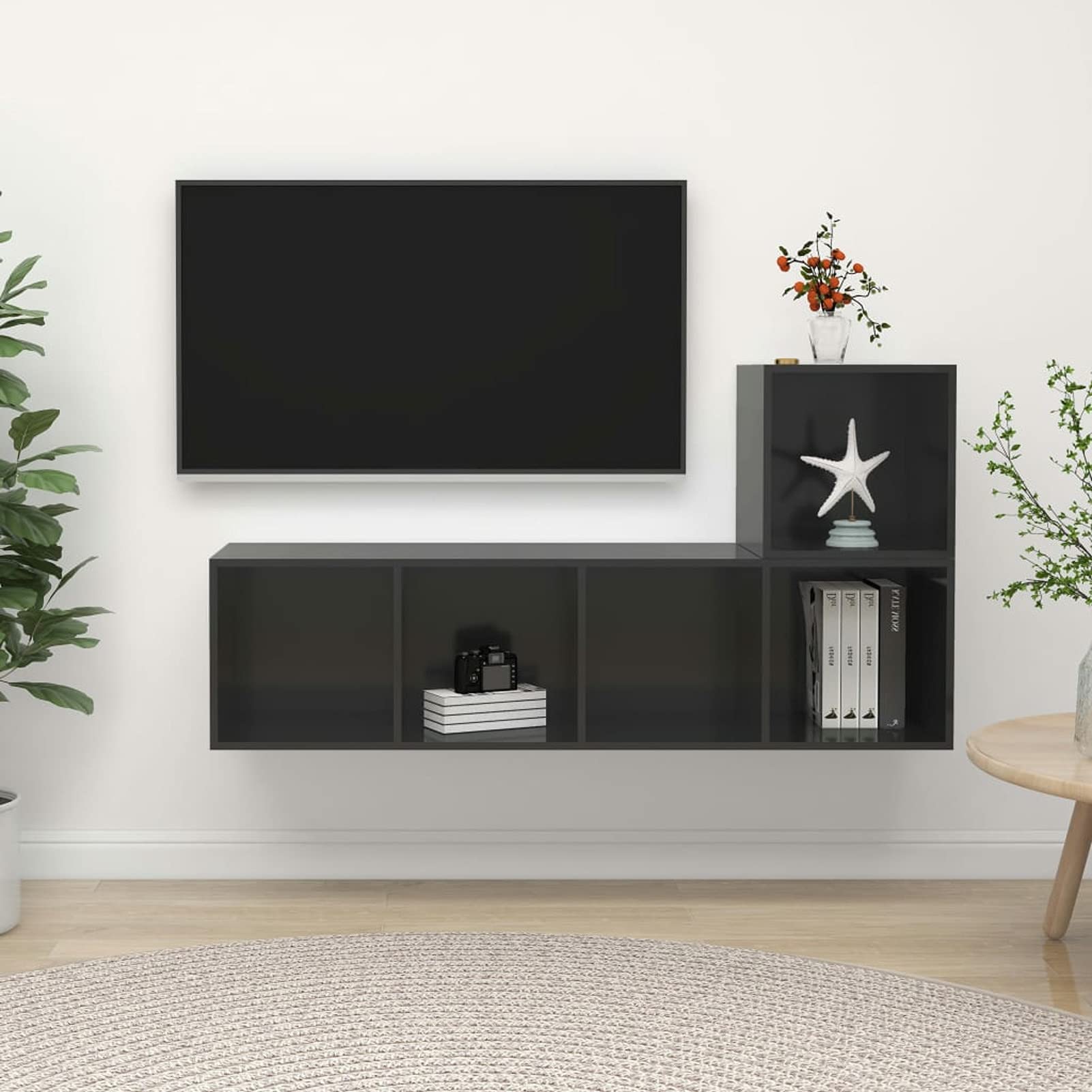 Festnight 2-Piece TV Stand and Bookshelf Set - Modern High Gloss Gray Chipboard Entertainment Center for Living Room & Bedroom - Perfect for Organizing TVs, Books, and Media Accessories