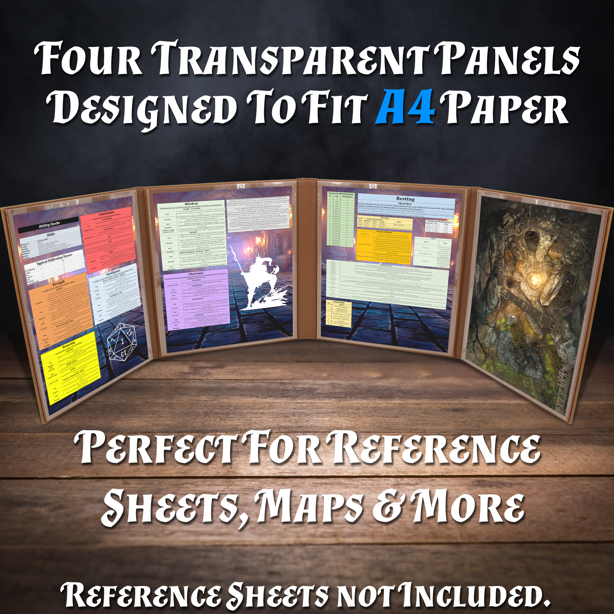 Faux Leather 4-Panel DM Screen with Wet Erase Pockets - Embossed Folding Game Master Screen for Dungeons & Dragons RPG - Black/Brown (Inserts Not Included) - Perfect for Tabletop Gaming Sessions & RPG Campaigns