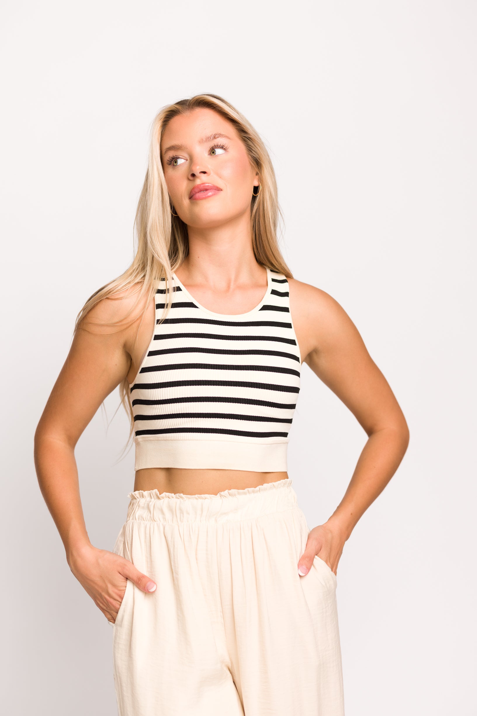Seamless Knit Brami Top - Black/Ivory - Comfortable Stretchy Women's Casual Wear for Yoga, Lounge & Everyday Outfits