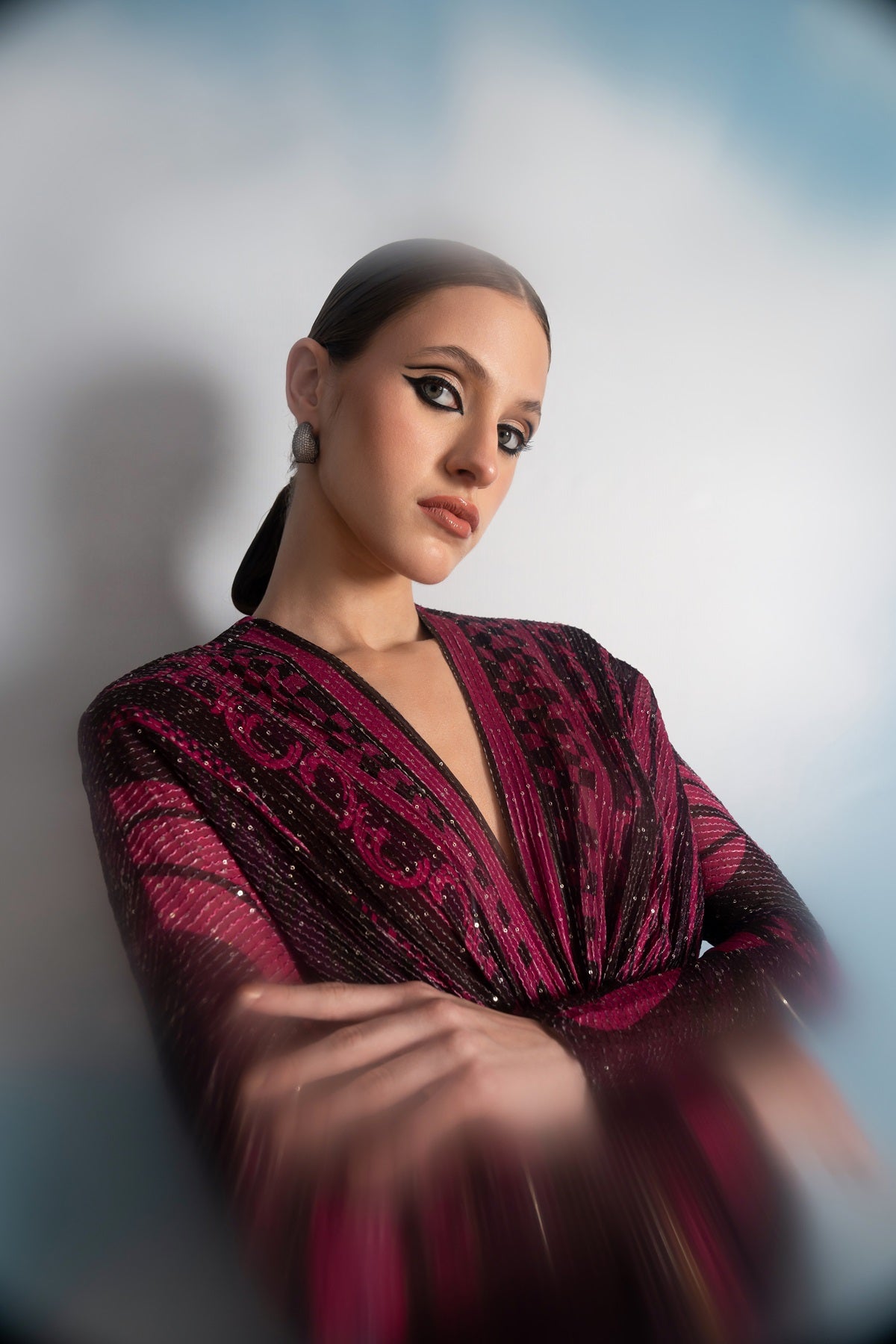 Fuchsia Pink Swirl Printed Draped Dress for Women - Elegant Party & Evening Wear - Perfect for Weddings, Cocktails & Special Occasions