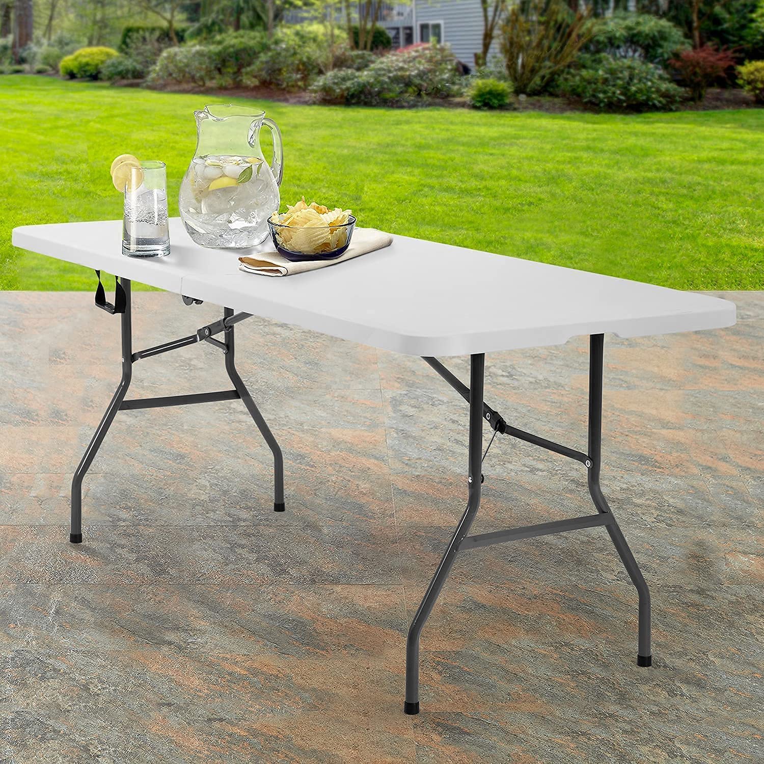 6ft White Plastic Folding Table - Indoor Outdoor Portable Banquet Table with Handle for Picnic, Party, Camping & Events | Lightweight & Easy Storage | Perfect for Backyard BBQs, Tailgating & Home Use