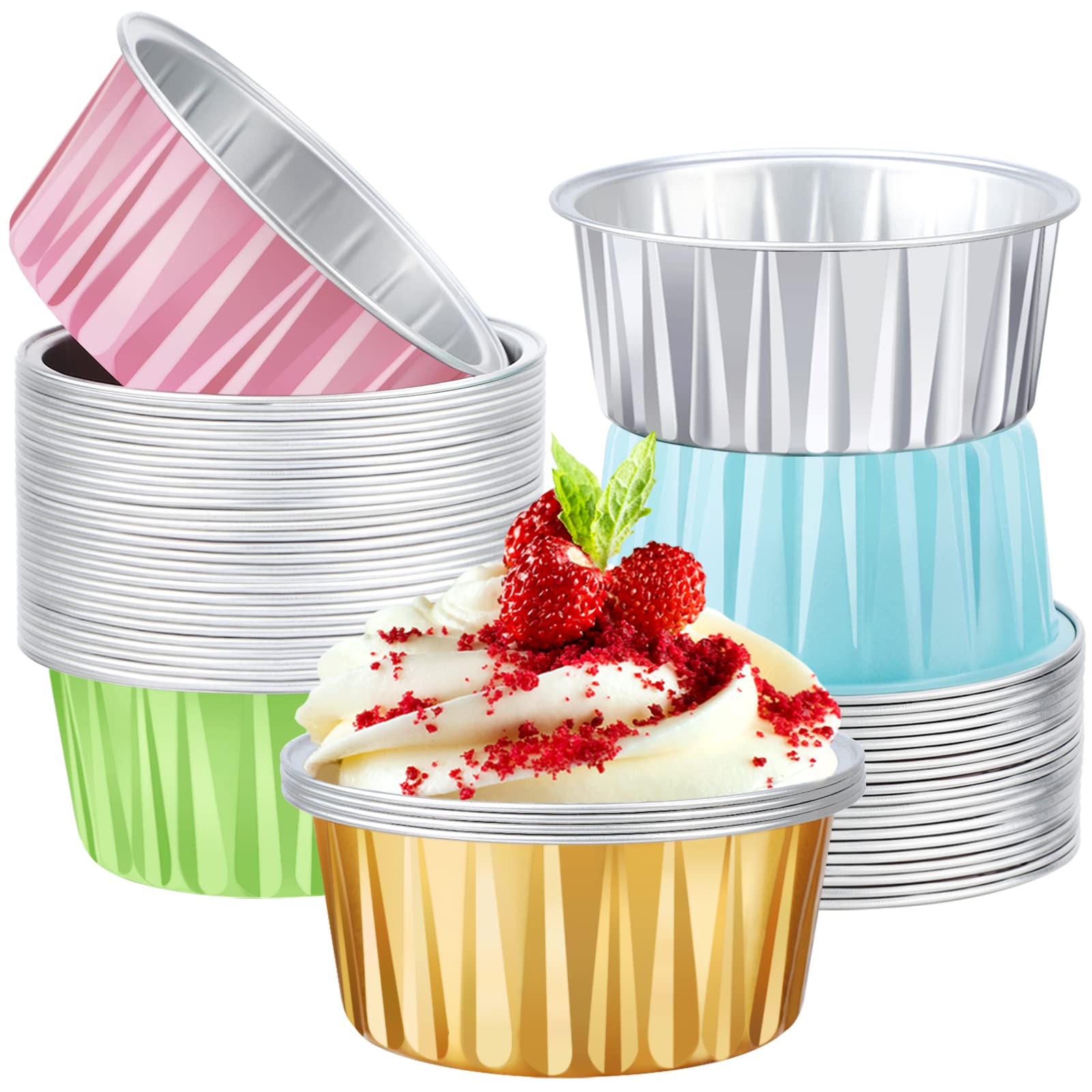 EUSOAR 5oz Disposable Aluminum Foil Dessert Cups - 50pcs Mixed Color Baking Ramekins for Creme Brulee, Cupcakes, Cheesecakes & Mini Muffins | Perfect for Party, Wedding, Birthday & Holiday Gatherings