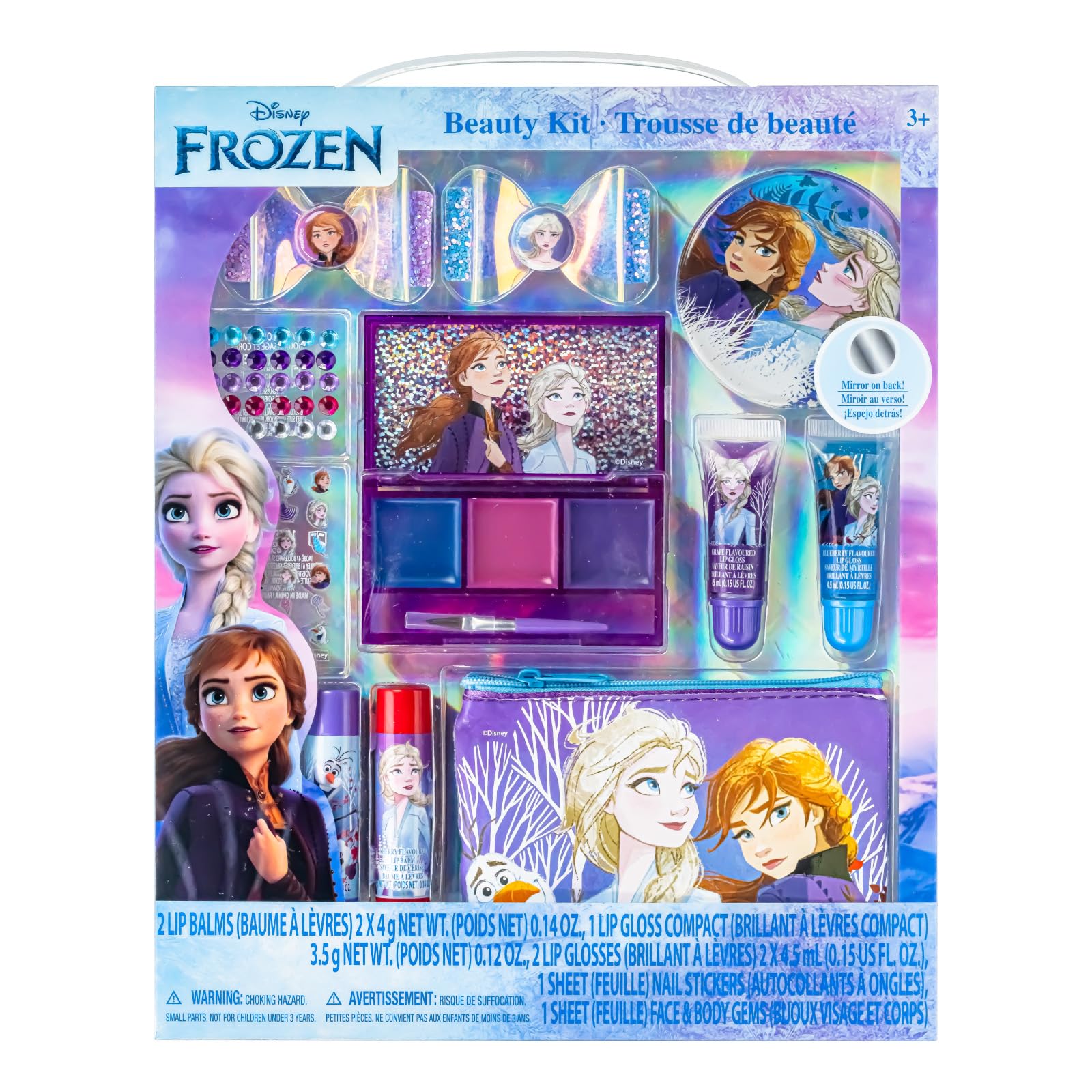 Disney Frozen Super Sparkly Beauty Makeup Set for Girls - Lip Gloss, Nail Stickers, Lip Balm, Nail Gems & Mirror with Hair Clips | Perfect for Birthday Parties, Sleepovers, Dress-Up & Pretend Play