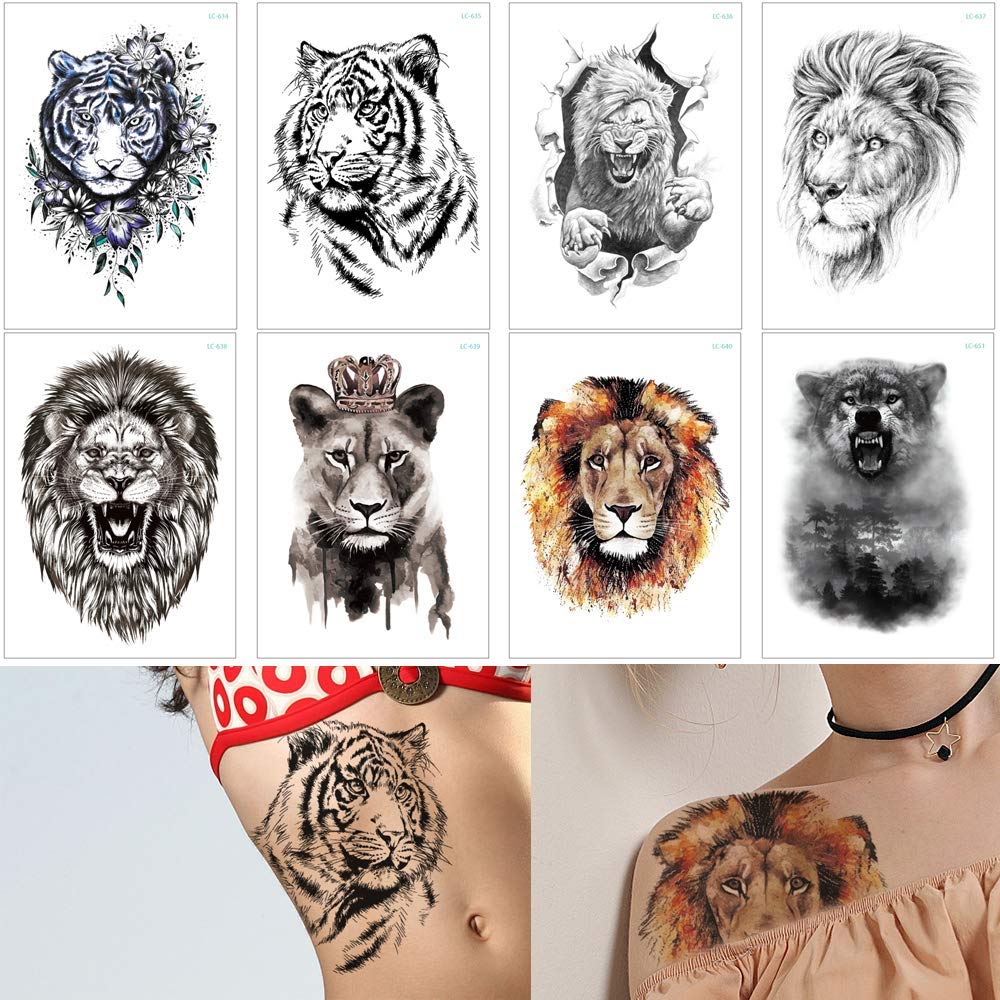 Glaryyears Realistic Tiger & Lion Temporary Tattoos for Men & Women - 8-Pack Water Transfer Fake Tattoo Stickers - Long Lasting Body Art for Arm, Leg, Chest & Back - Perfect for Halloween, Costume Parties & Festival Body Decorations